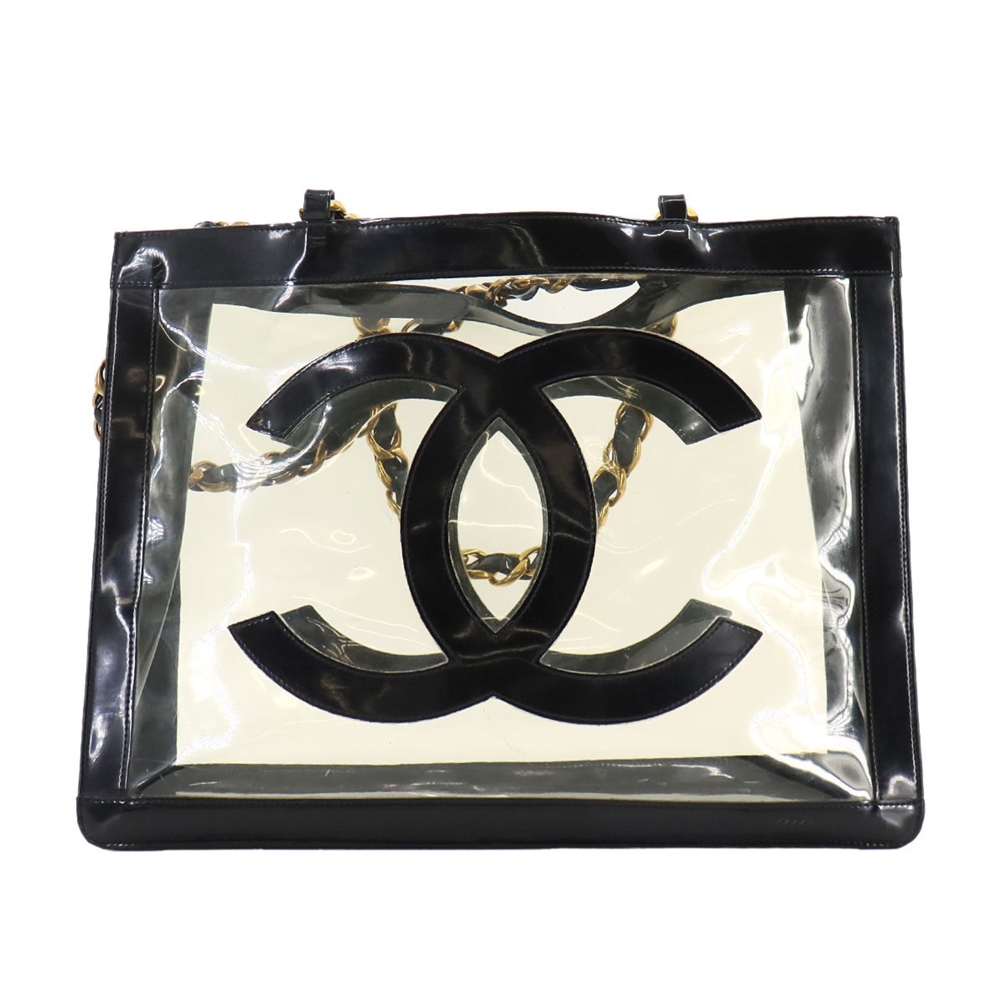 CHANEL Coco Mark Chain Enamel Vinyl Black Clear Gold Metal Fittings Tote Bag