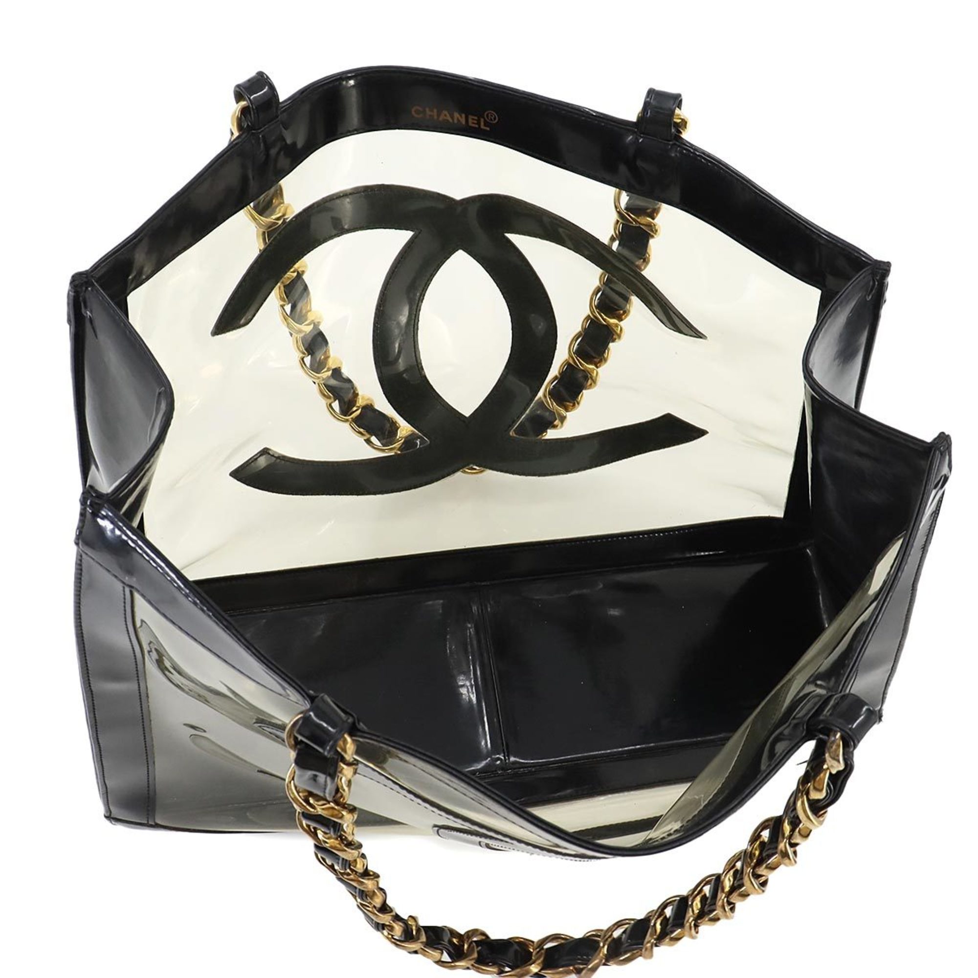 CHANEL Coco Mark Chain Enamel Vinyl Black Clear Gold Metal Fittings Tote Bag