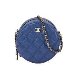 CHANEL Matelasse Classic Chain Shoulder Bag Caviar Skin Metallic Blue AP0245