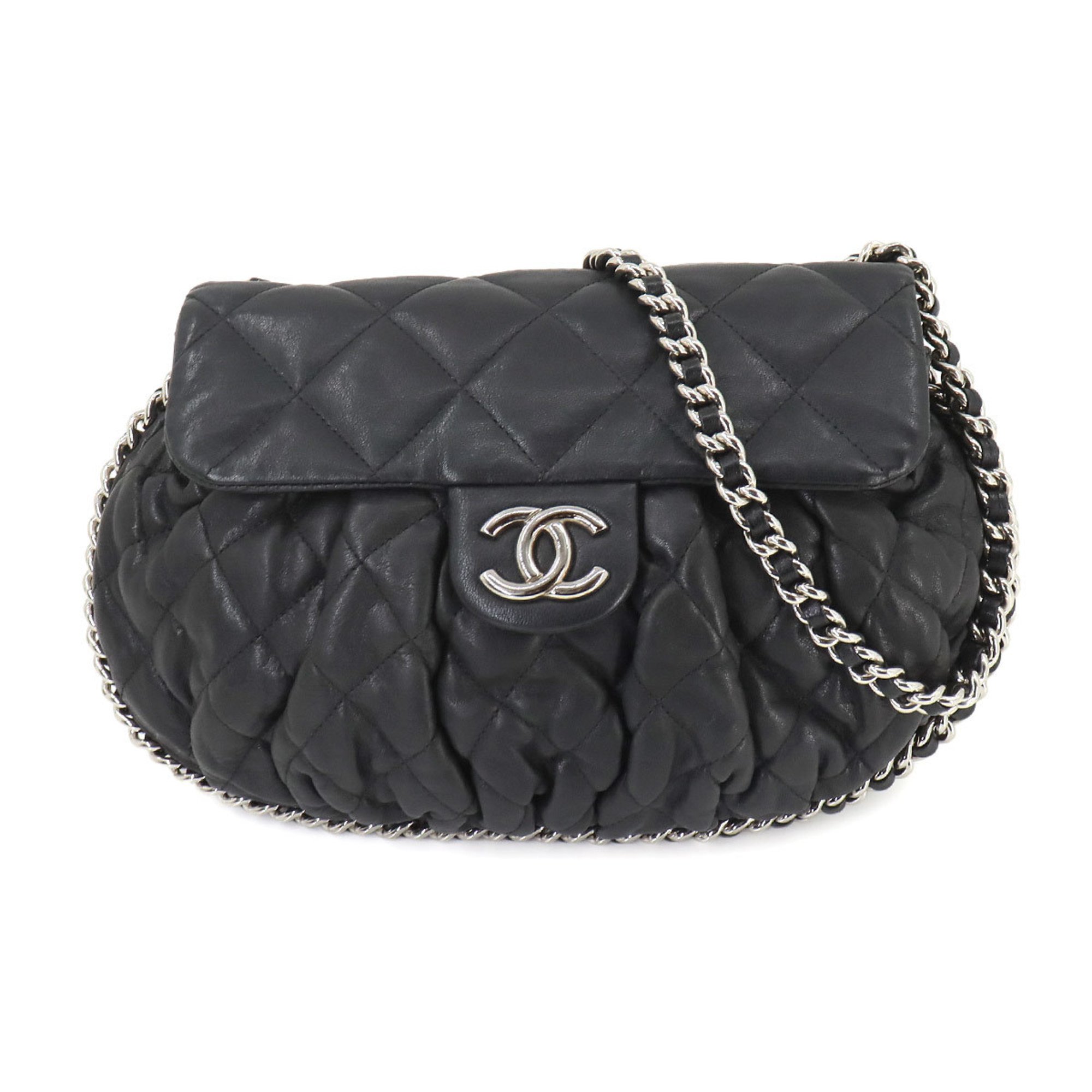 CHANEL Chain Around Shoulder Bag Leather Black 9889 Matelasse Silver Hardware