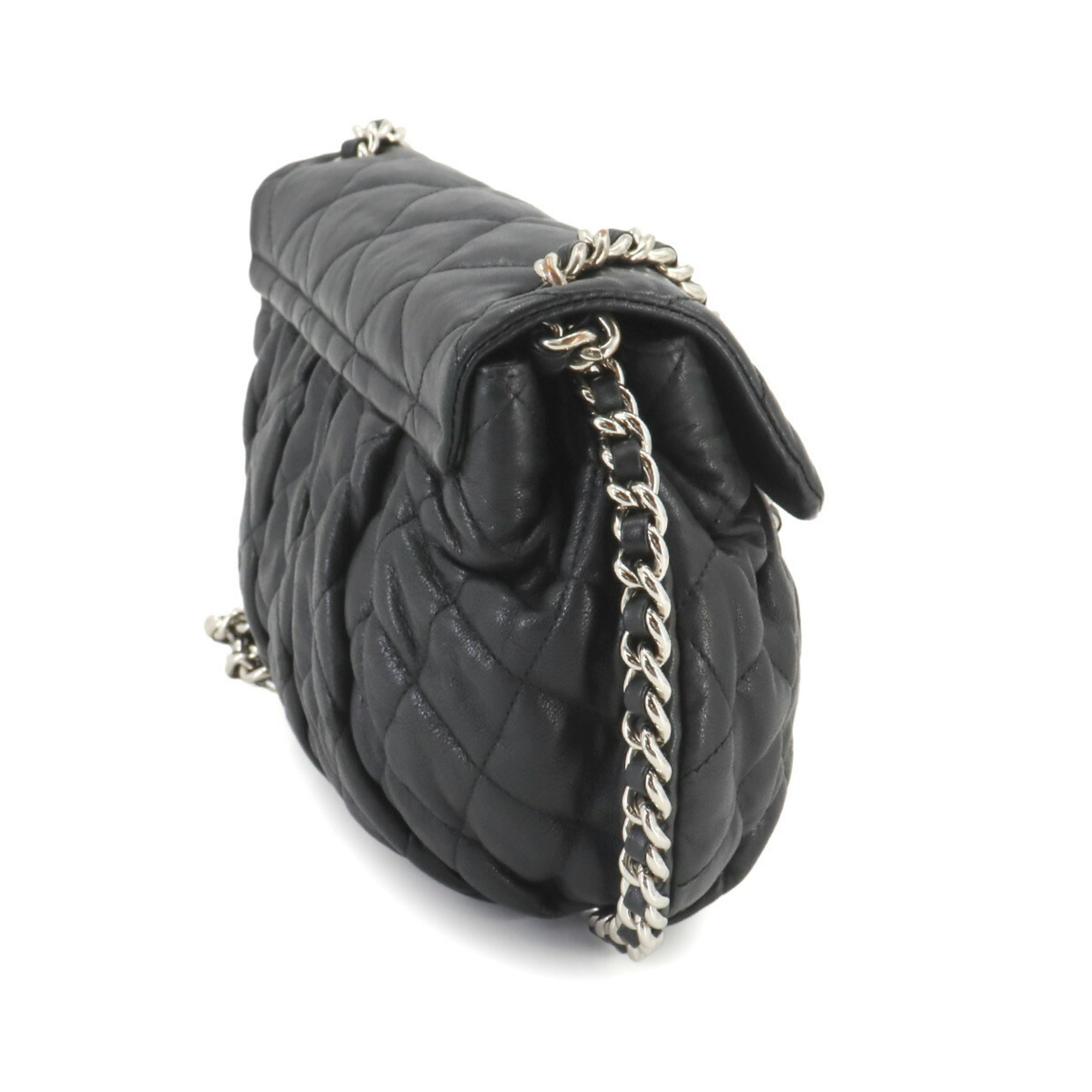 CHANEL Chain Around Shoulder Bag Leather Black 9889 Matelasse Silver Hardware