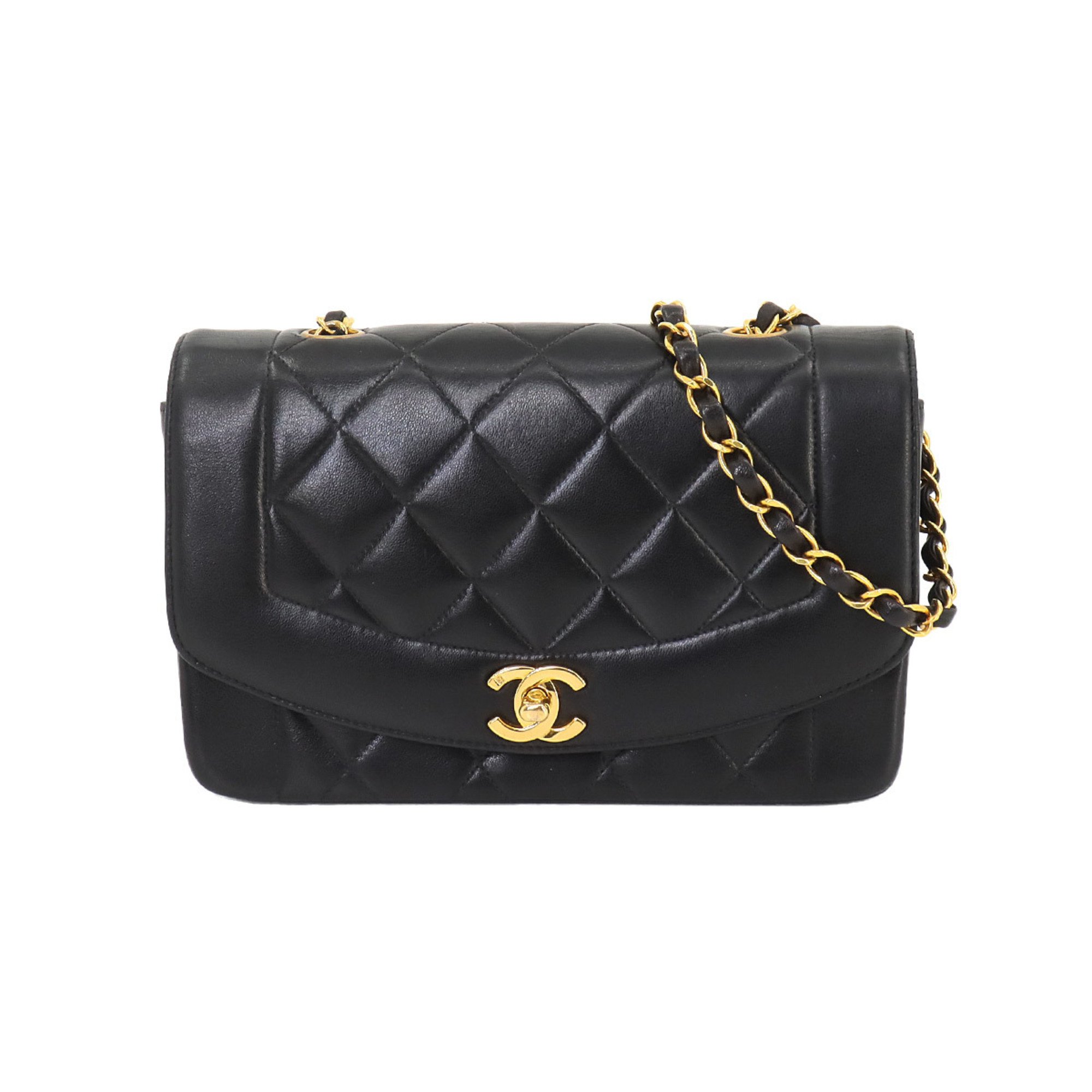 CHANEL Diana Matelasse 22 Chain Shoulder Bag Leather Black A01164