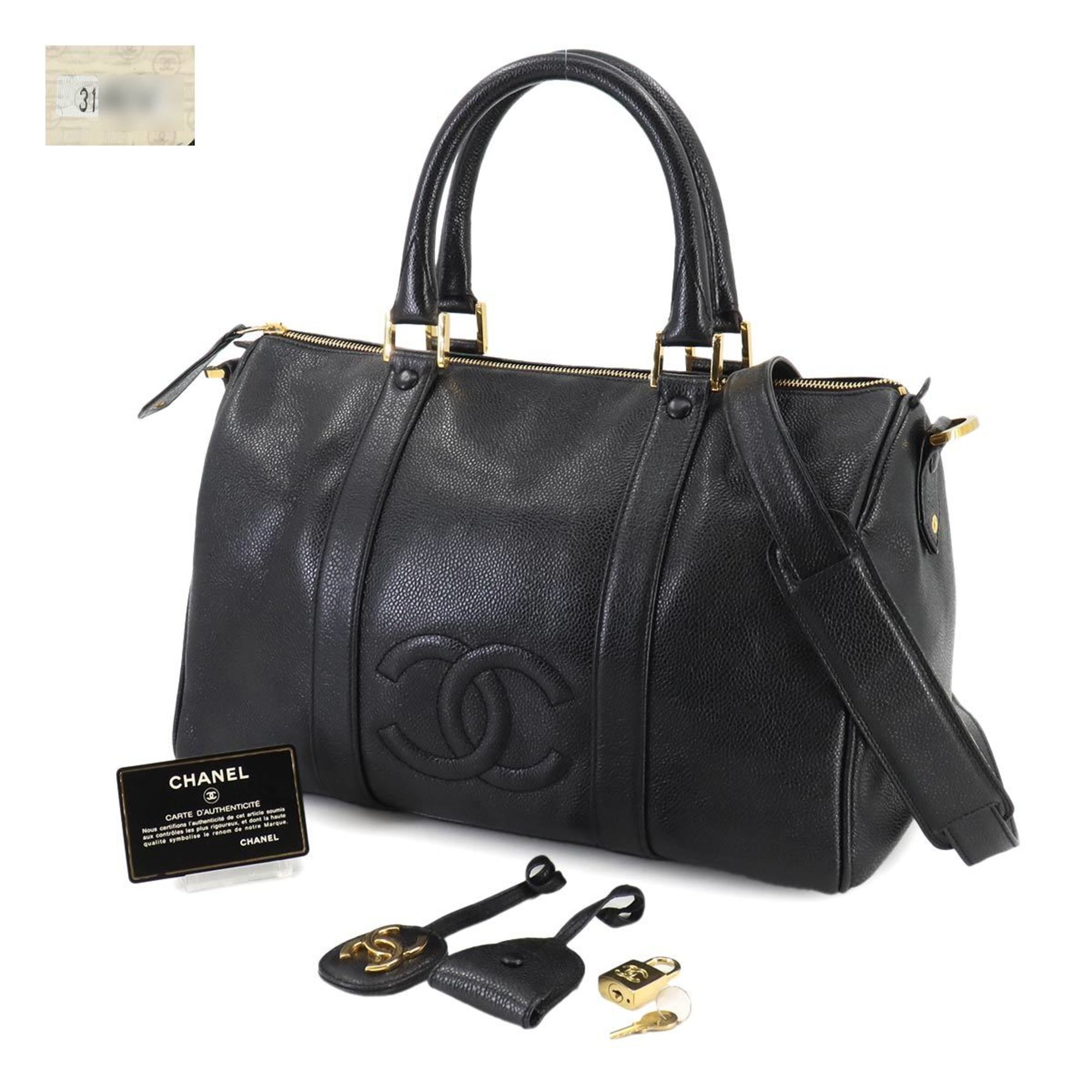 CHANEL 2way Boston Shoulder Bag Caviar Skin Black Coco Mark Gold Metal Fittings Matelasse