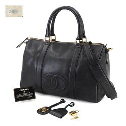 CHANEL 2way Boston Shoulder Bag Caviar Skin Black Coco Mark Gold Metal Fittings Matelasse