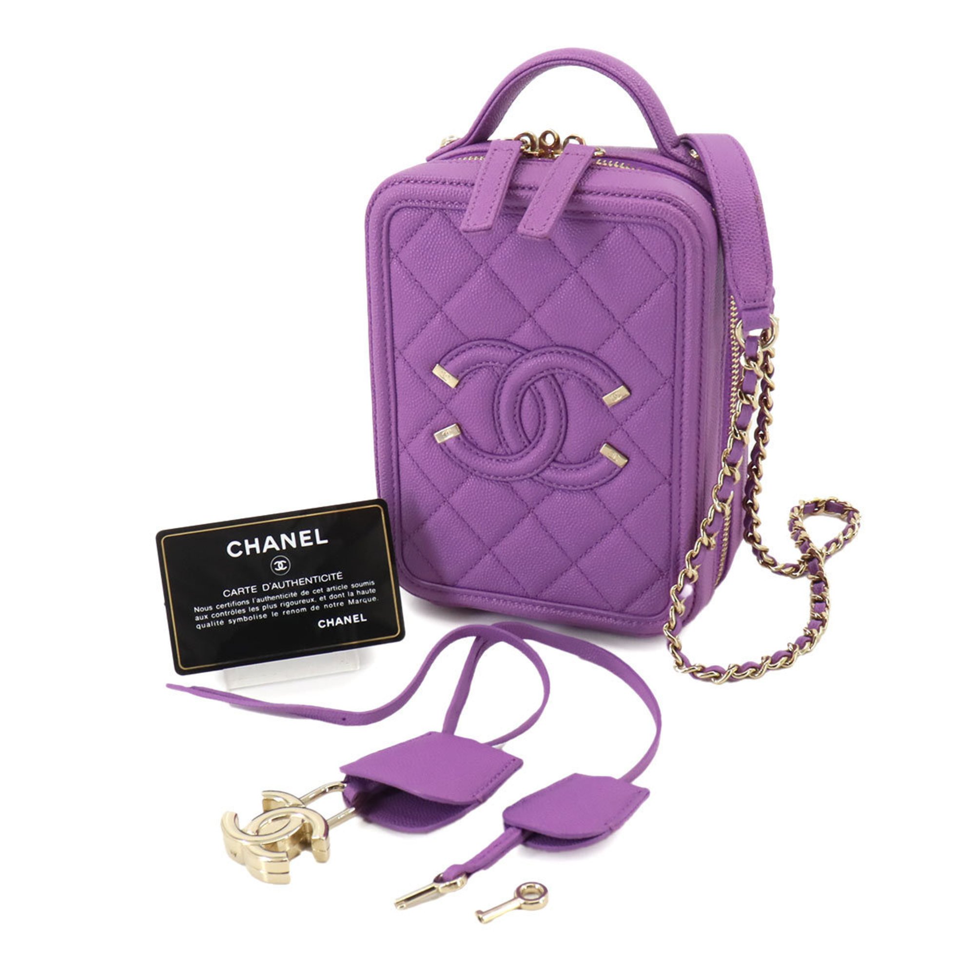 CHANEL CC Filigree Vanity Shoulder Bag Caviar Skin Purple AS0988