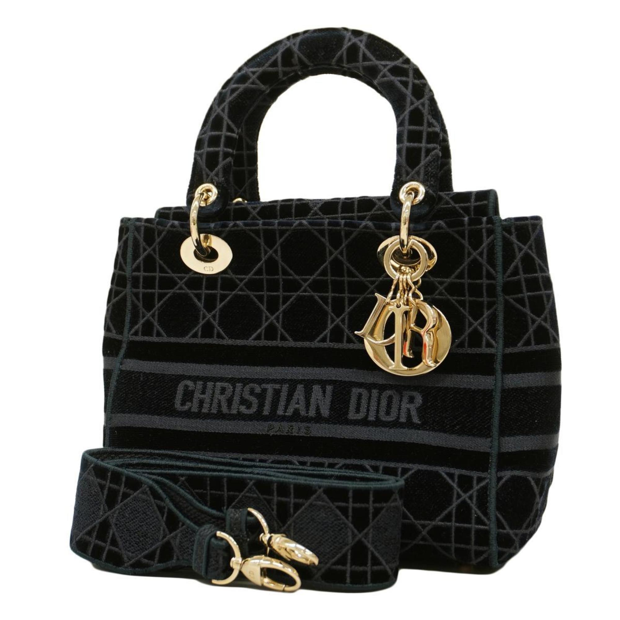 Christian Dior handbag Lady Dee Light velour navy champagne ladies