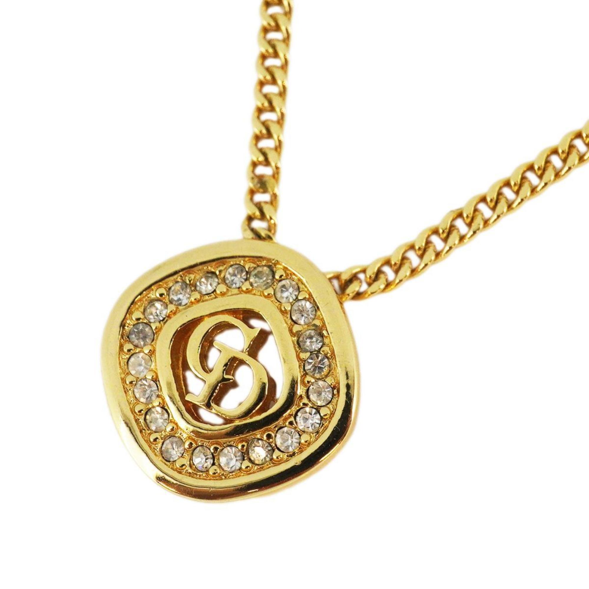 Christian Dior Necklace CD Rhinestone GP Plated Gold Women's