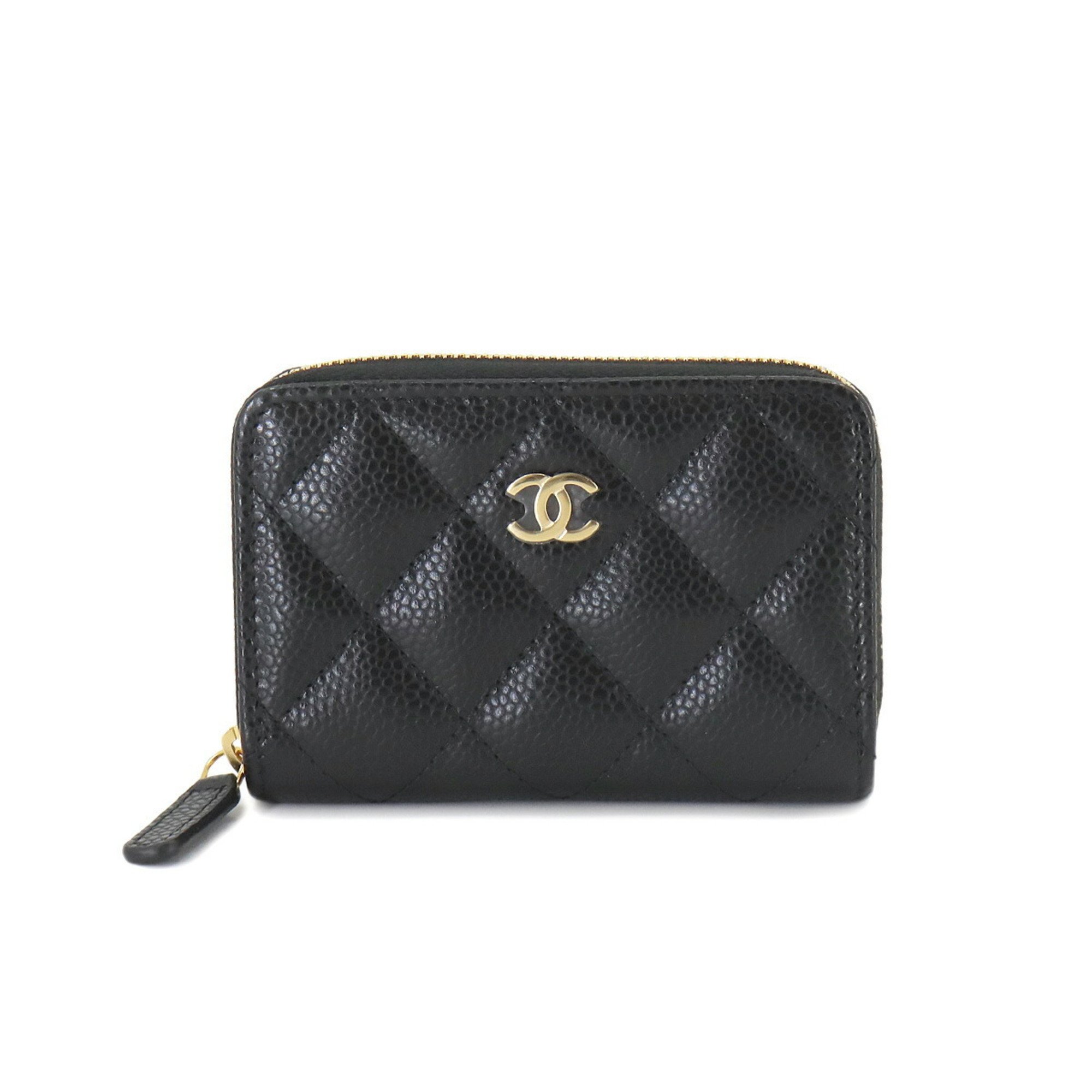 CHANEL Matelasse Classic Zip Coin Purse, Caviar Skin Leather, Black Coco Mark, AP0216, Gold Hardware, Purse