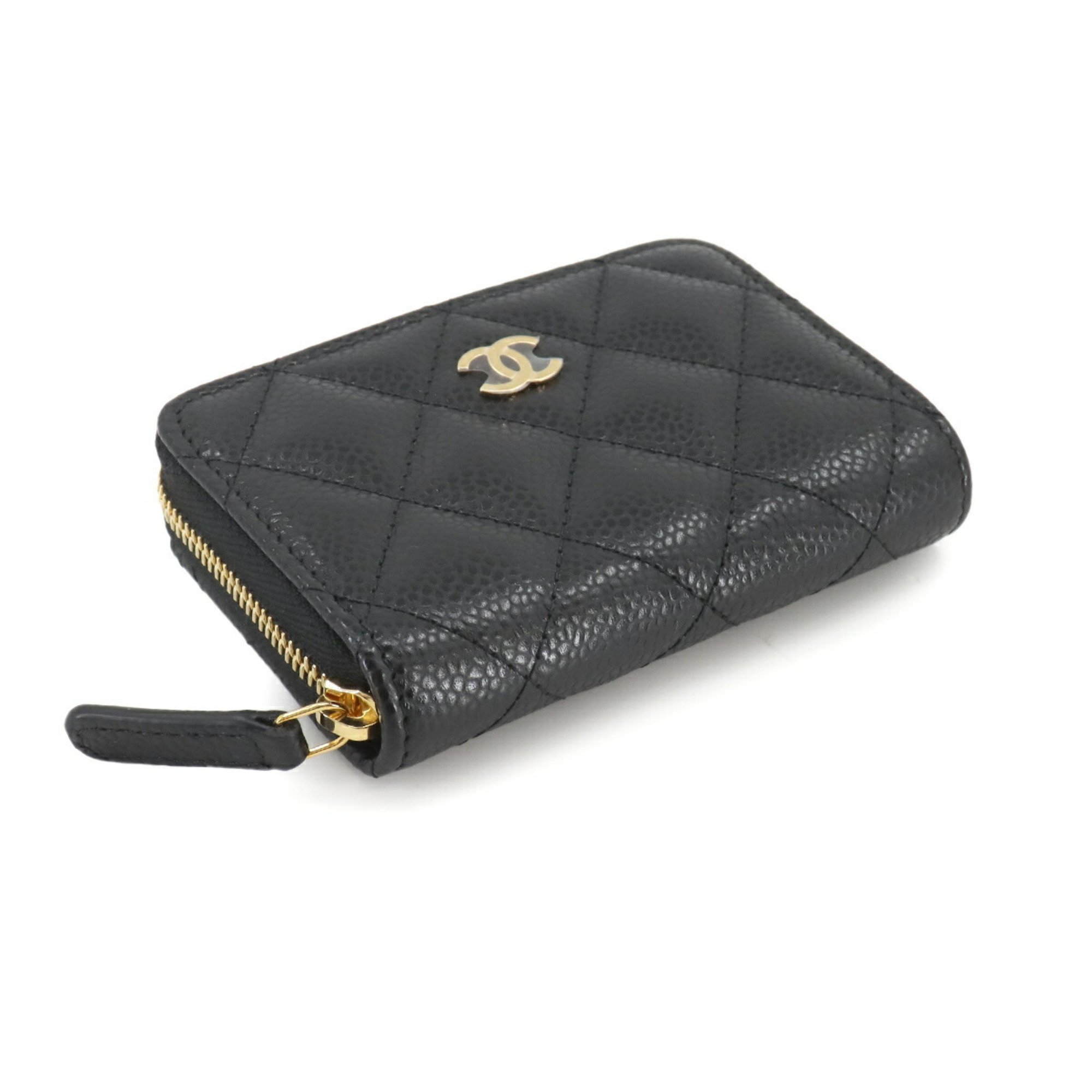 CHANEL Matelasse Classic Zip Coin Purse, Caviar Skin Leather, Black Coco Mark, AP0216, Gold Hardware, Purse