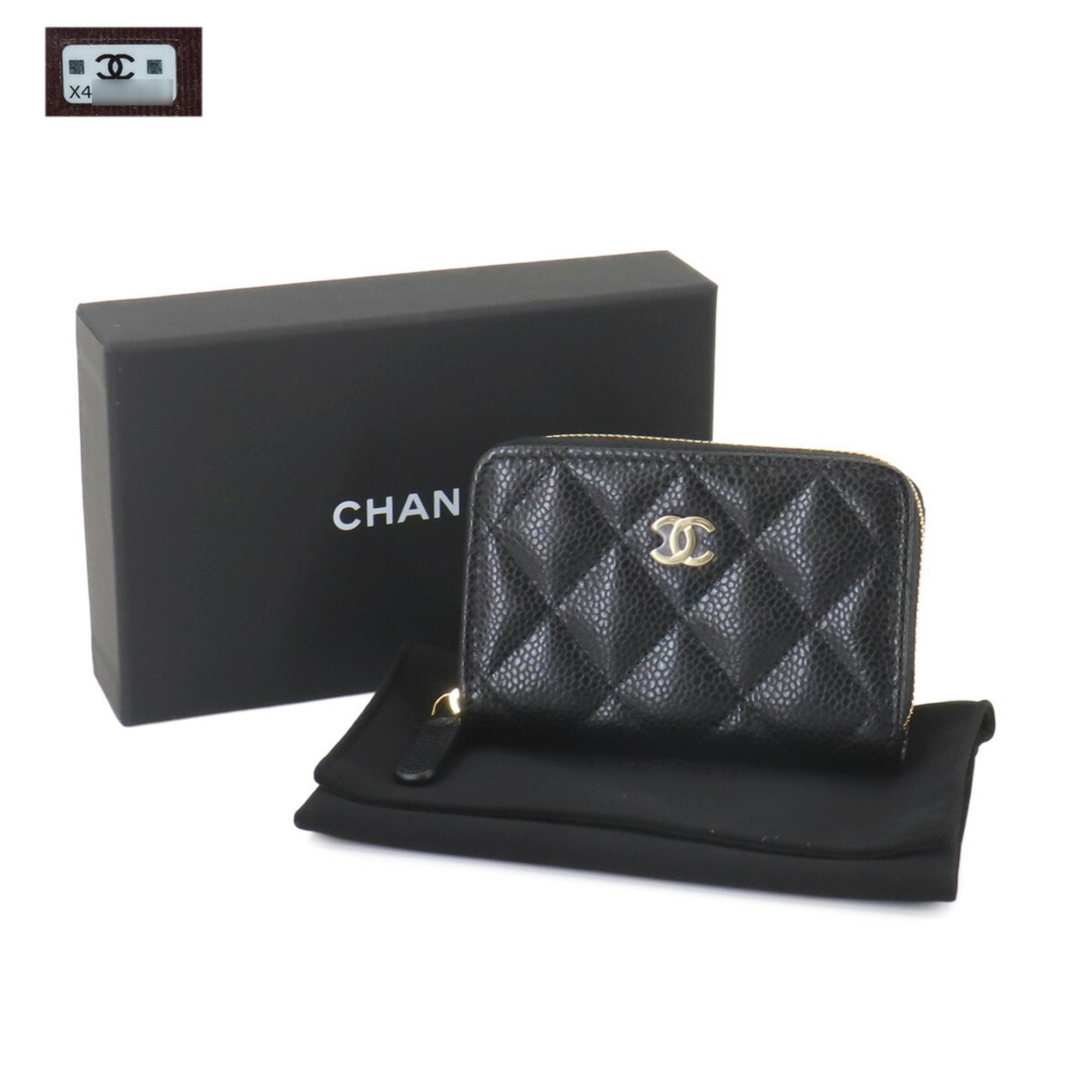 CHANEL Matelasse Classic Zip Coin Purse, Caviar Skin Leather, Black Coco Mark, AP0216, Gold Hardware, Purse