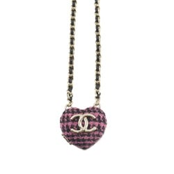 CHANEL Heart Locket Pendant Necklace Tweed Leather Gold Pink Black AB9483 B22K Coco Mark