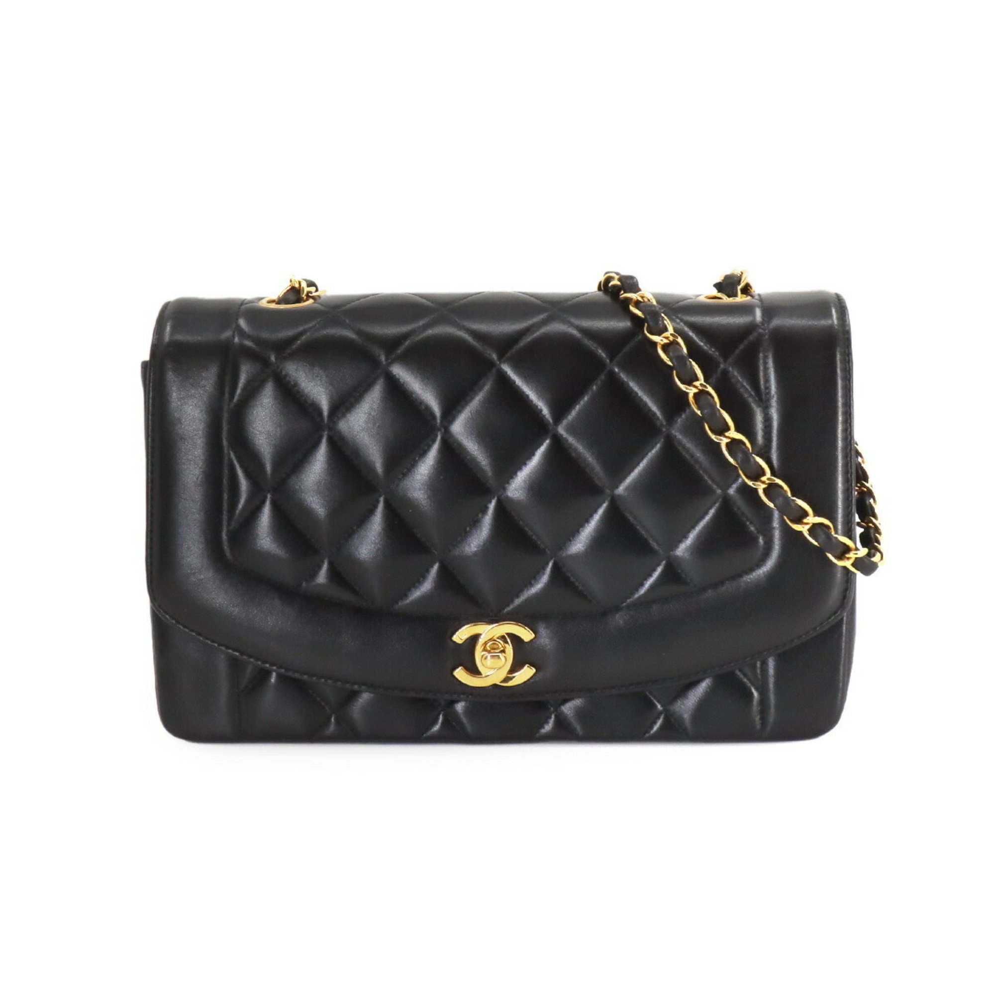 CHANEL Diana Matelasse 25 Chain Shoulder Bag Leather Black A01165