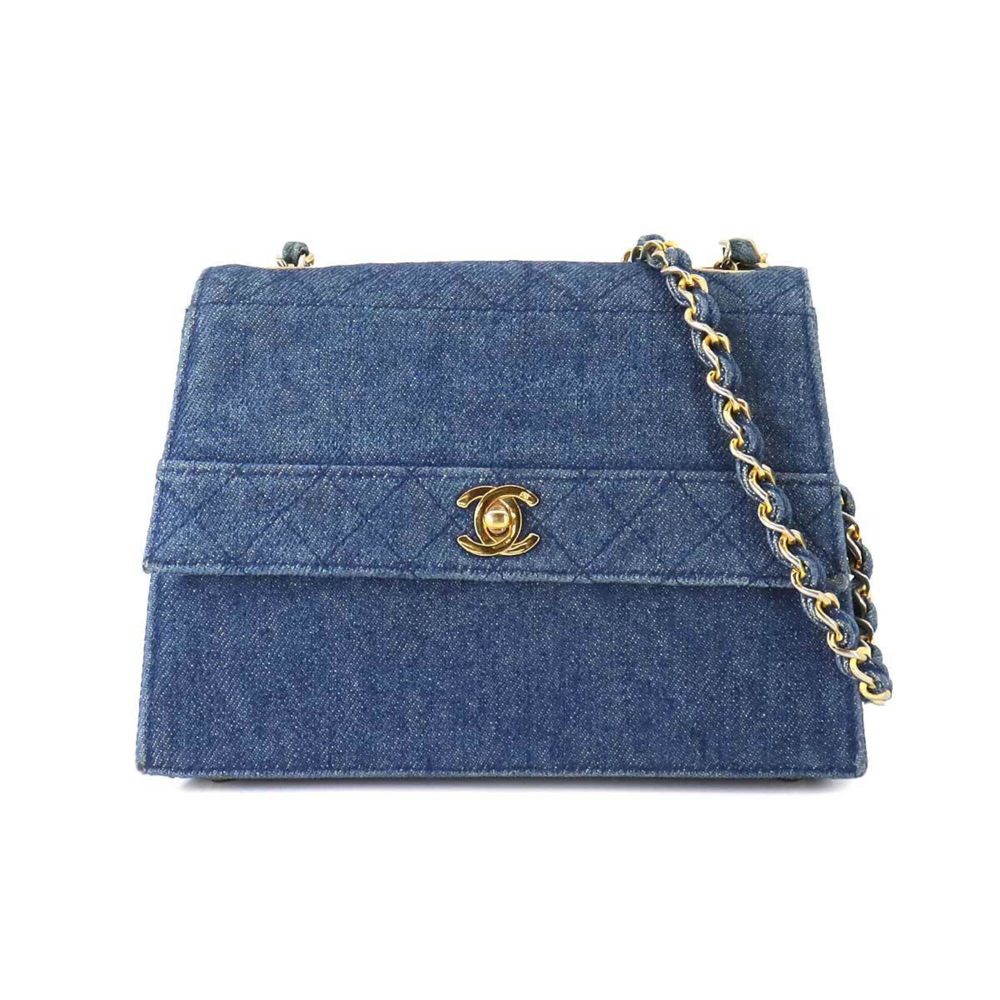 CHANEL Chain Shoulder Bag Denim Blue Gold Metal Fittings Matelasse