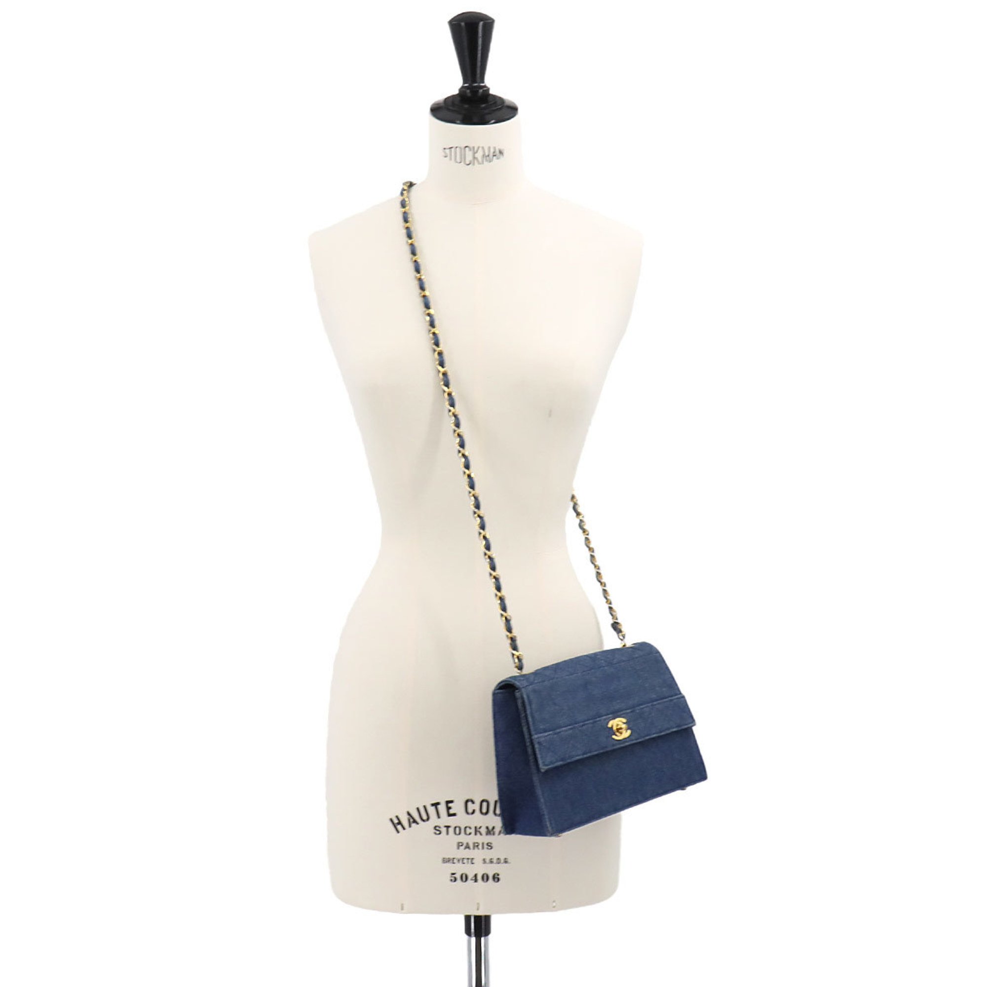 CHANEL Chain Shoulder Bag Denim Blue Gold Metal Fittings Matelasse