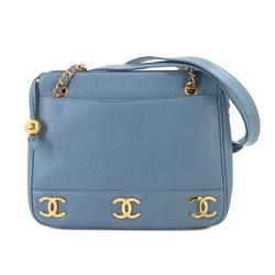 CHANEL Triple Coco Chain Shoulder Bag Caviar Skin Leather Light Blue Gold Hardware