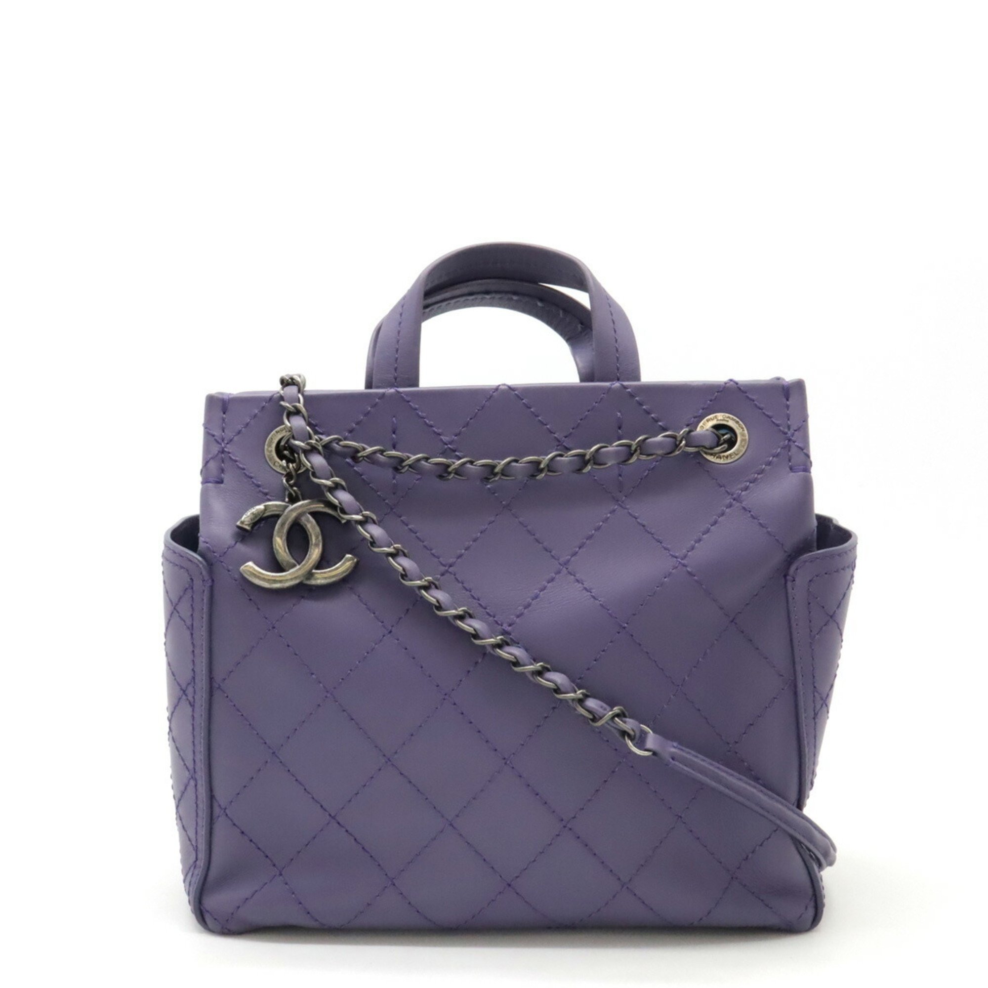 CHANEL Wild Stitch Coco Mark Tote Bag Handbag Shoulder Leather Purple Sold Item A94231