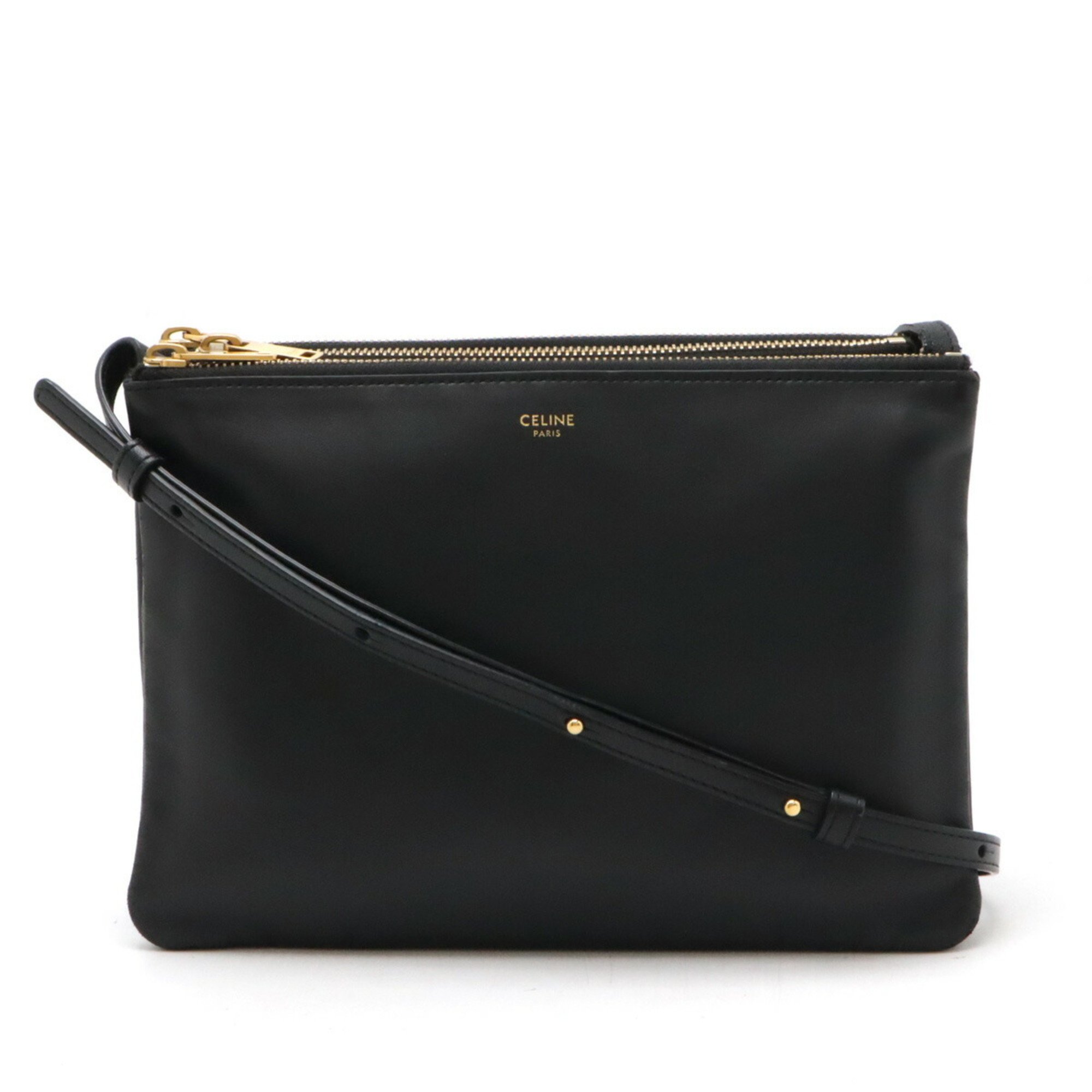 CELINE Trio Large Shoulder Bag Pochette Pouch Lambskin Leather Black 171453