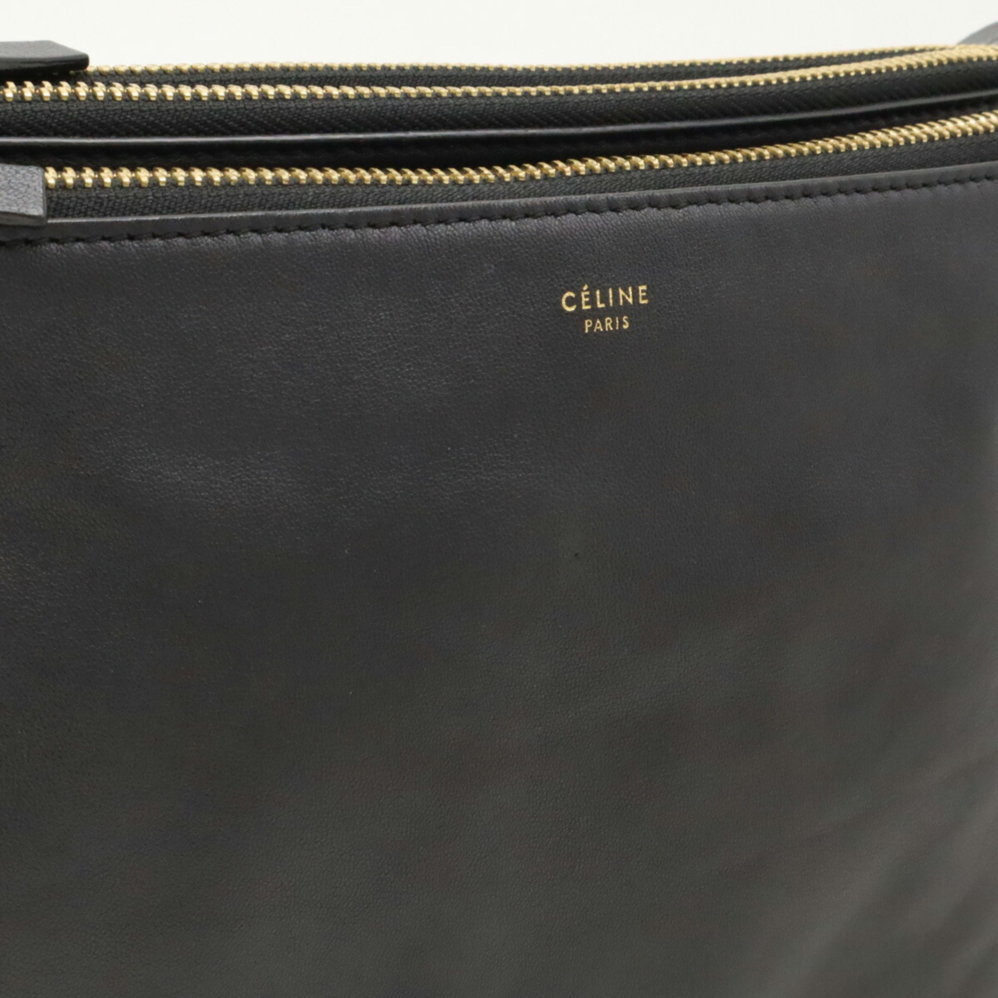 CELINE Trio Large Shoulder Bag Pochette Pouch Lambskin Leather Black 171453