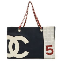 CHANEL Coco Mark No.5 Tote Bag Shoulder Chain Canvas Leather Navy Red Silver A18644