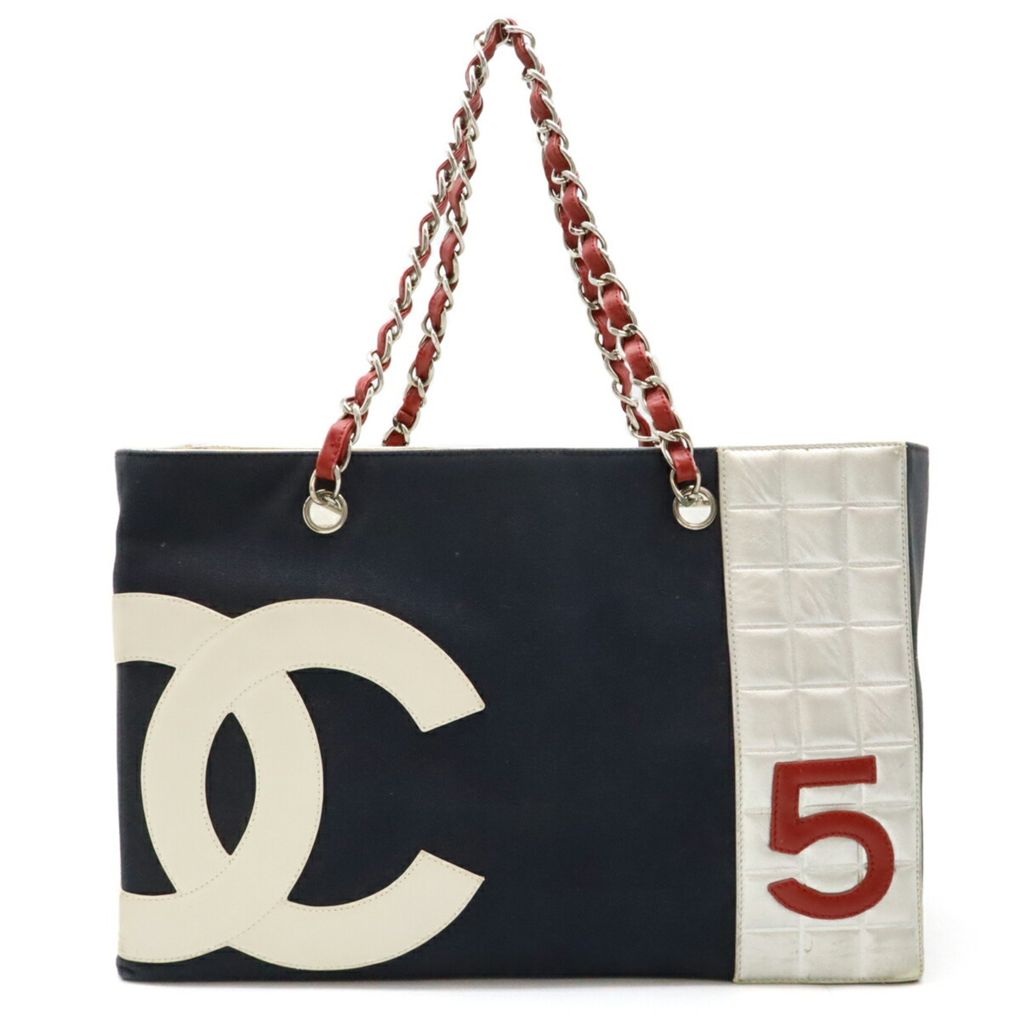 CHANEL Coco Mark No.5 Tote Bag Shoulder Chain Canvas Leather Navy Red Silver A18644