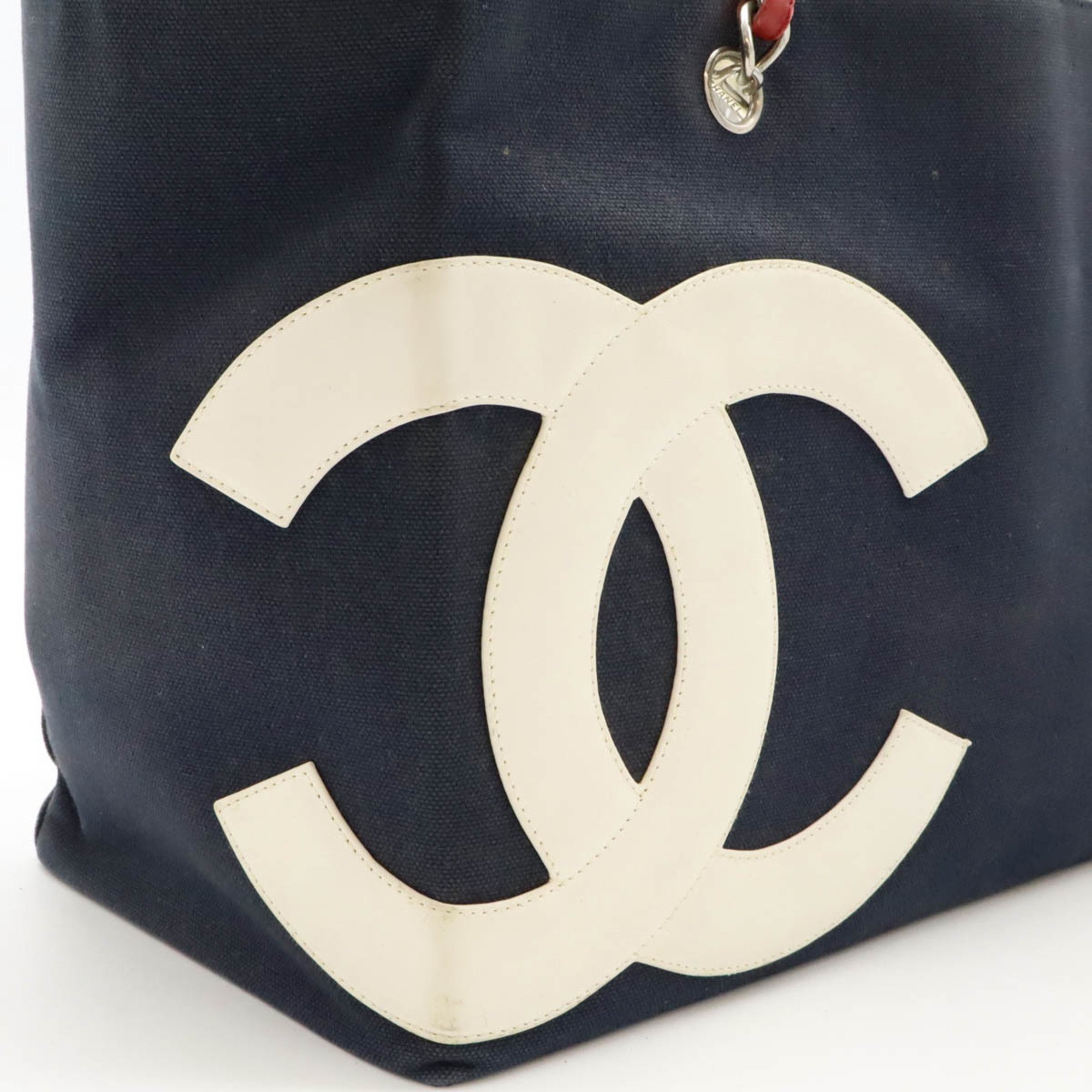 CHANEL Coco Mark No.5 Tote Bag Shoulder Chain Canvas Leather Navy Red Silver A18644