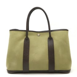 HERMES Garden PM Tote Bag Handbag Toile Officier Leather Khaki Green Dark Brown T Stamp