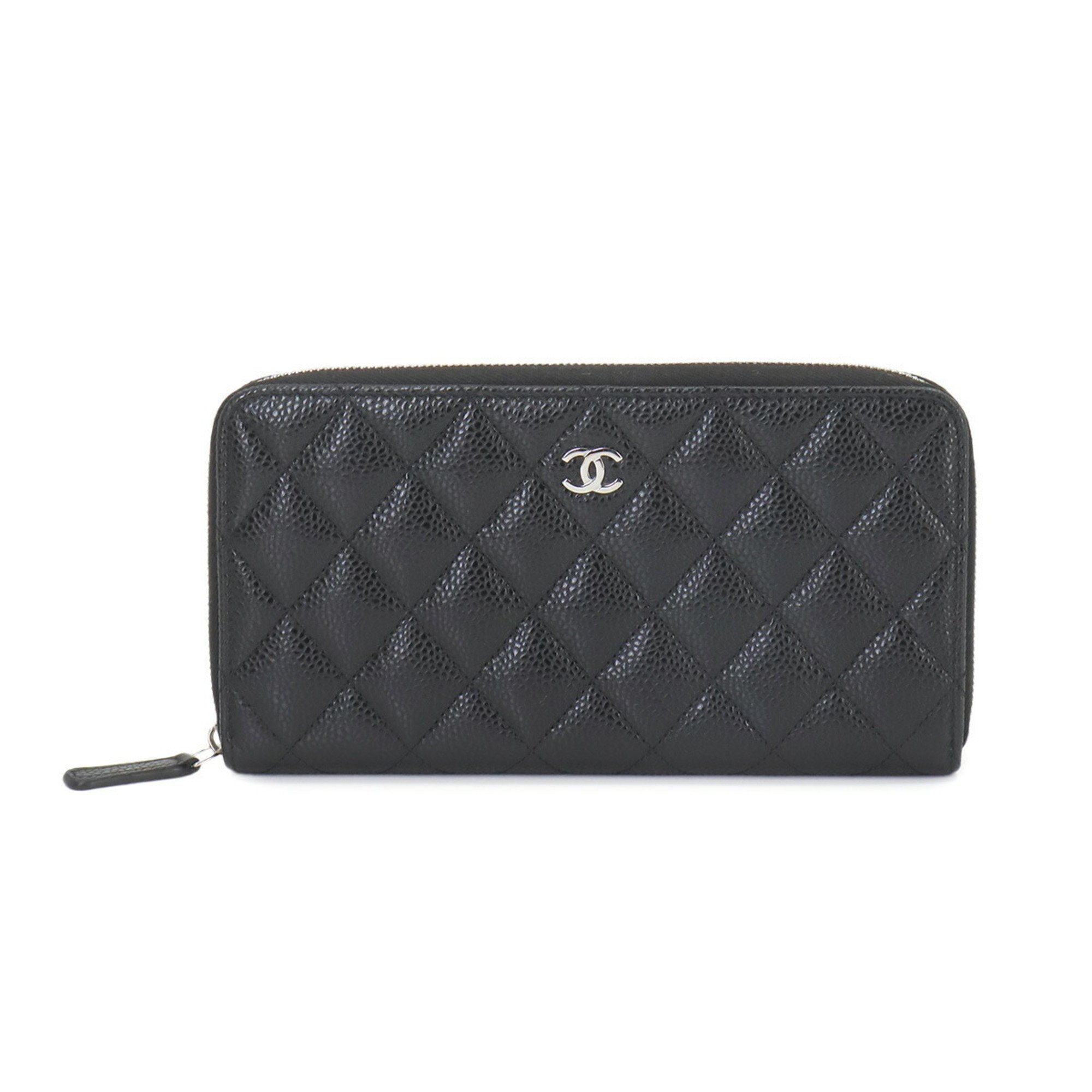 CHANEL Matelasse Classic Long Zip Wallet Round Caviar Skin Leather Black AP0242