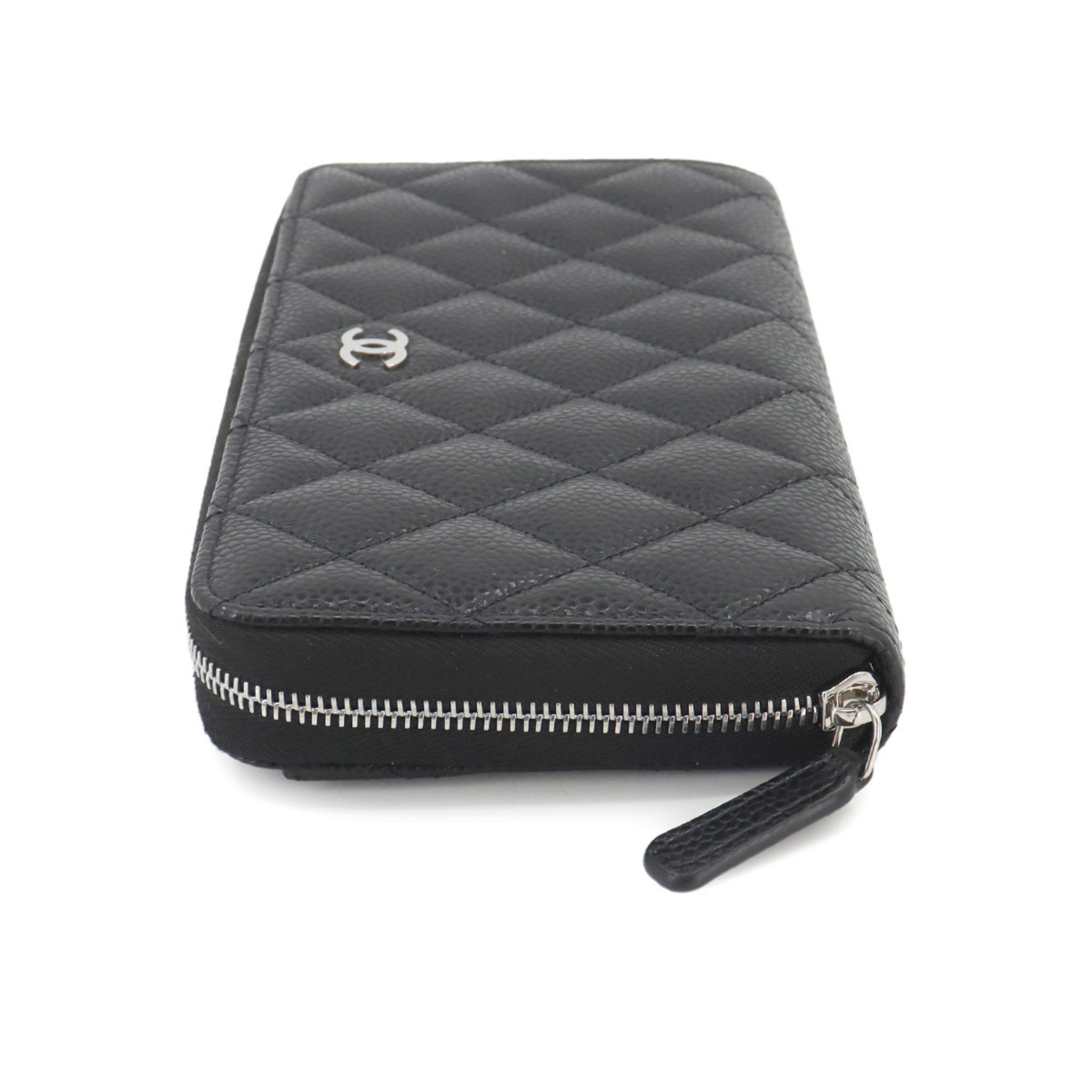 CHANEL Matelasse Classic Long Zip Wallet Round Caviar Skin Leather Black AP0242