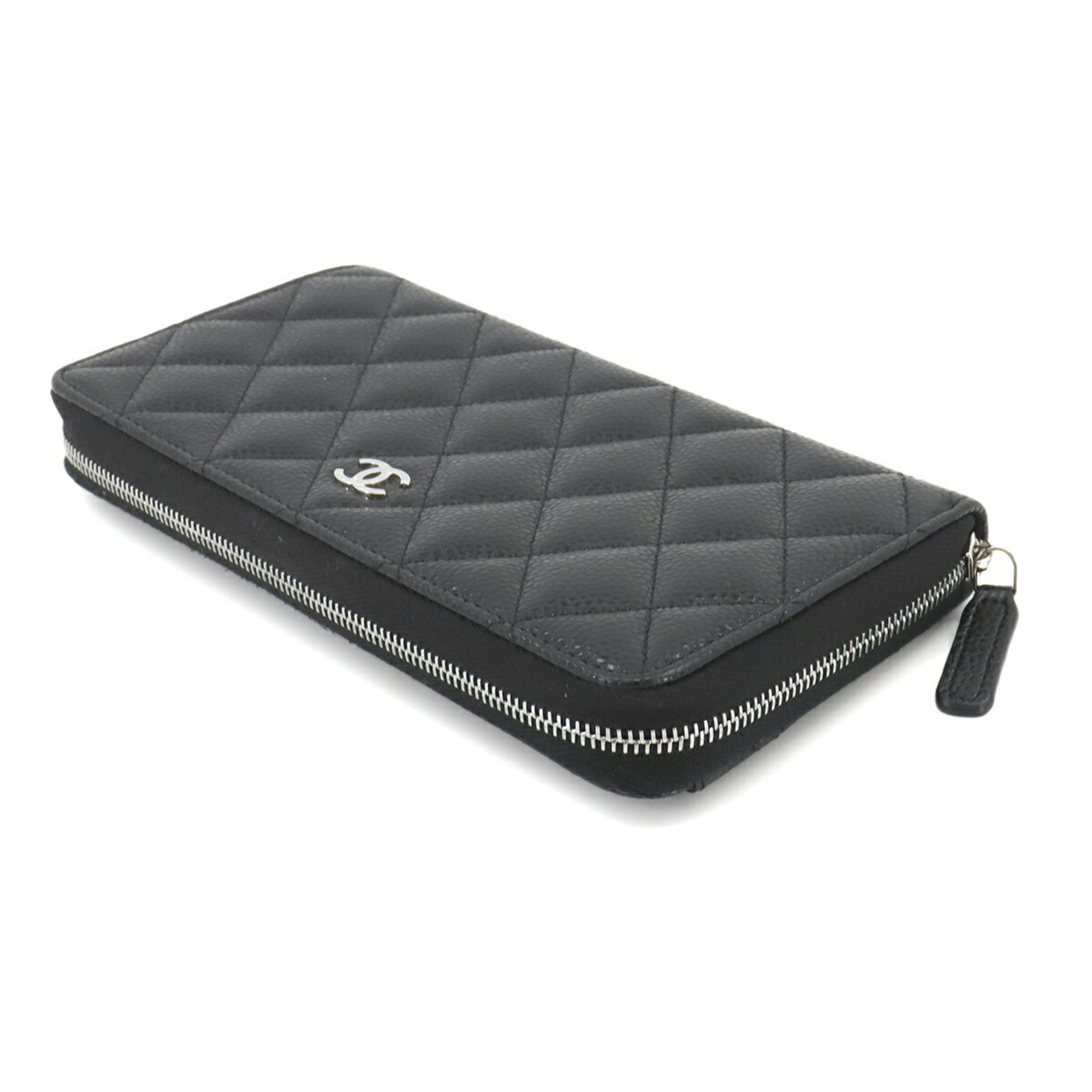 CHANEL Matelasse Classic Long Zip Wallet Round Caviar Skin Leather Black AP0242