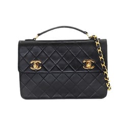 CHANEL Matelasse Double Turnlock 2way Hand Chain Shoulder Bag Leather Black Gold Hardware