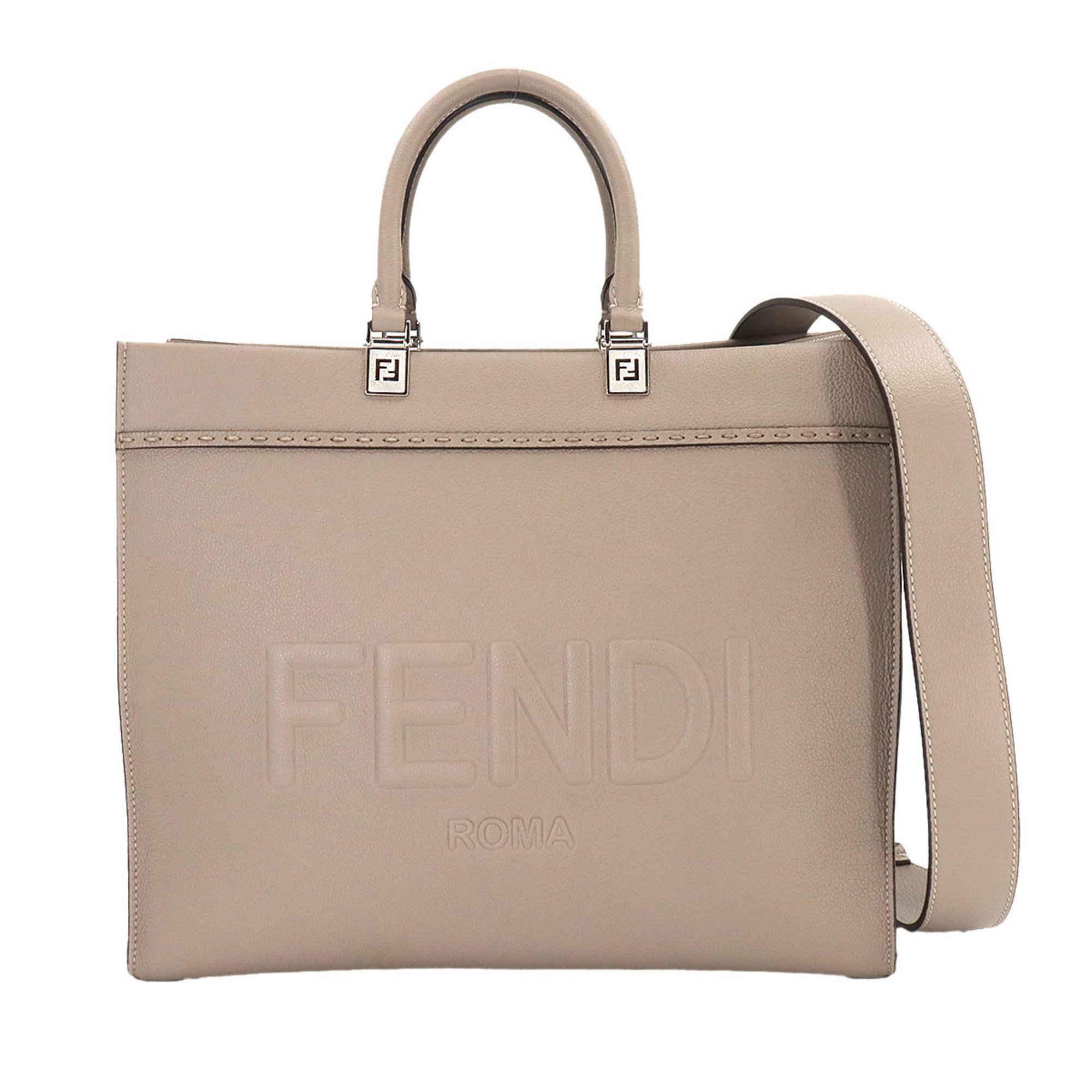 FENDI Sunshine Medium 2way Tote Shoulder Bag Leather Beige 8BH386 Silver Hardware