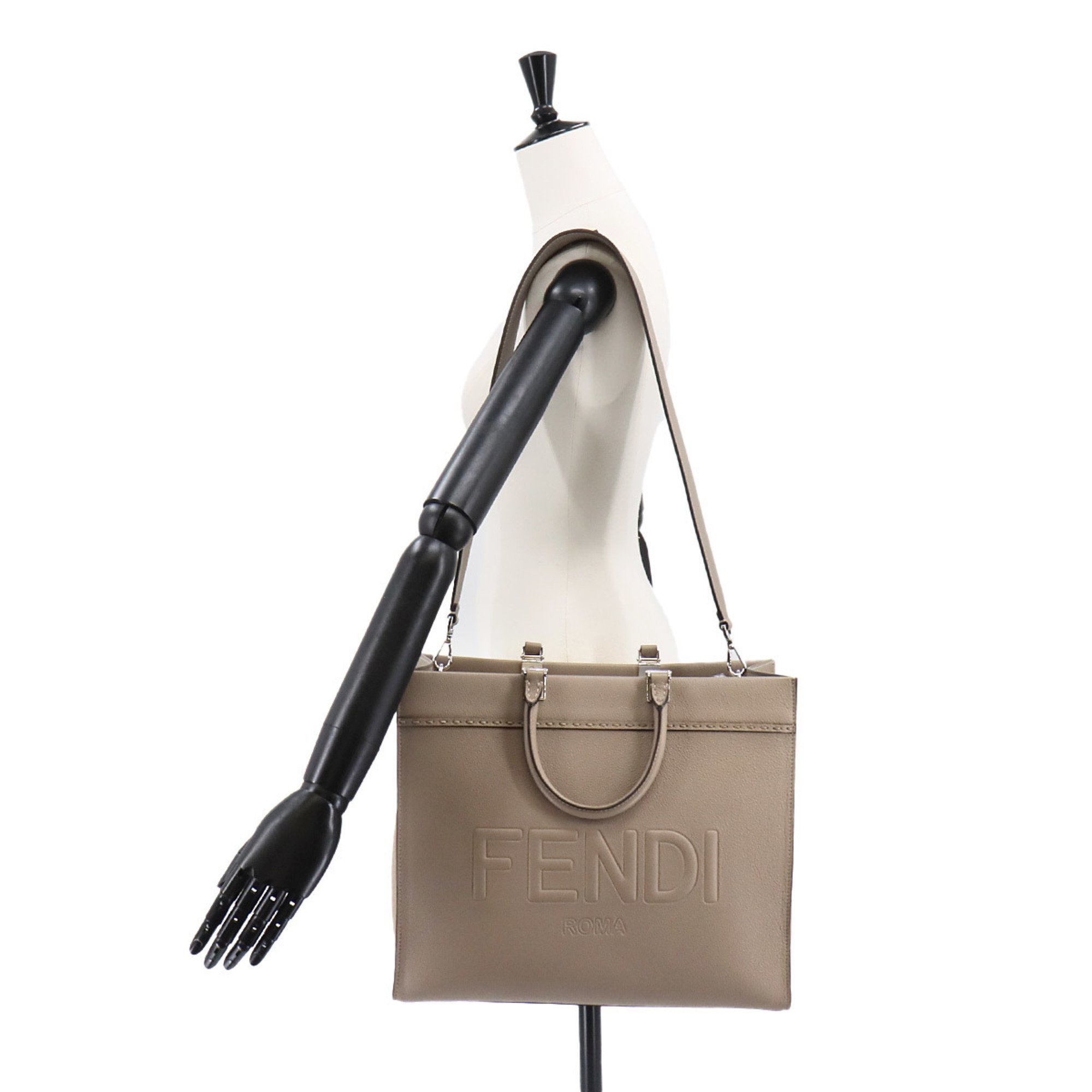 FENDI Sunshine Medium 2way Tote Shoulder Bag Leather Beige 8BH386 Silver Hardware