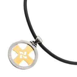 BVLGARI Tondo Cross Necklace Large 50cm K18 YG 750 SS Yellow Gold Steel Leather