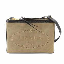 PRADA Shoulder Bag Canvas Leather Beige Black Gold Hardware 1BH046