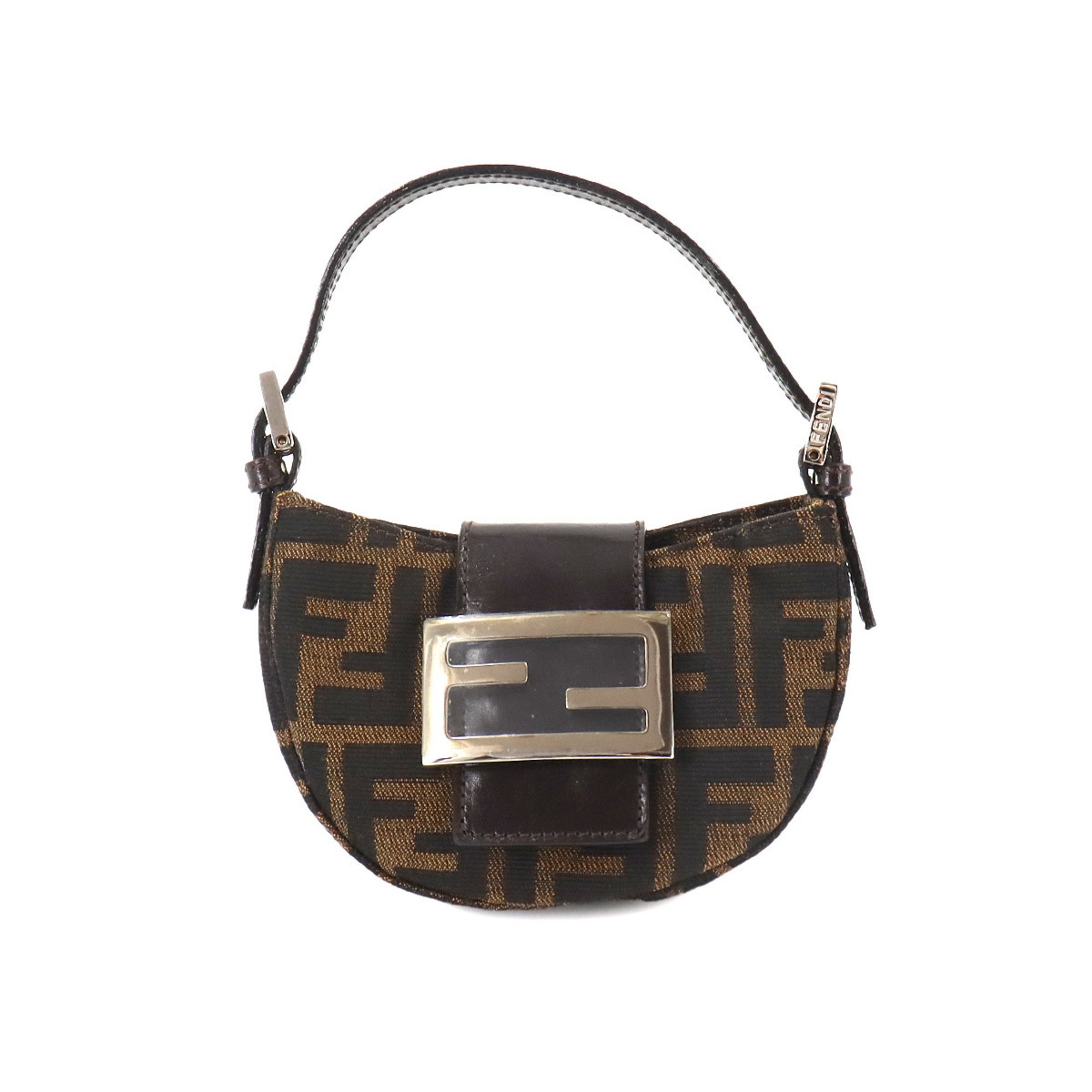 FENDI Zucca Croissant Pouch Canvas Leather Brown Silver Metal Fittings Mini Bag