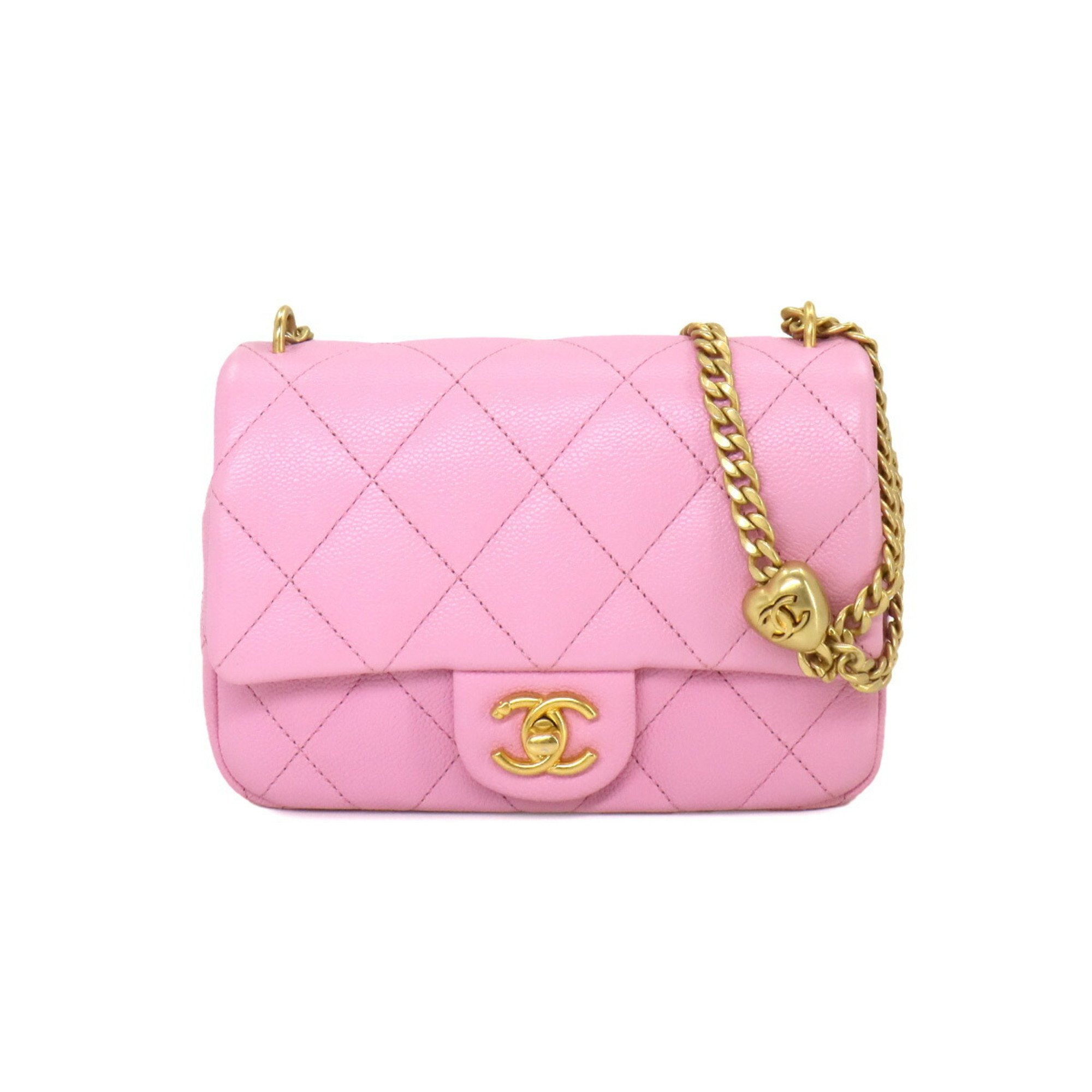 CHANEL Matelasse Chain Shoulder Bag Caviar Skin Pink AS3828 Heart Gold Metal Fittings