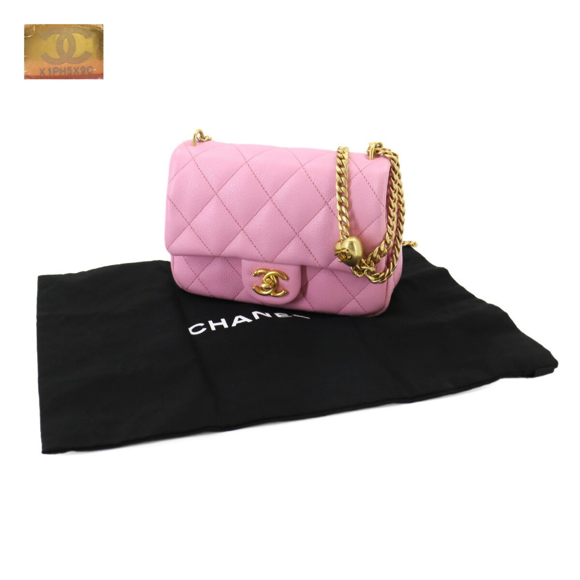 CHANEL Matelasse Chain Shoulder Bag Caviar Skin Pink AS3828 Heart Gold Metal Fittings