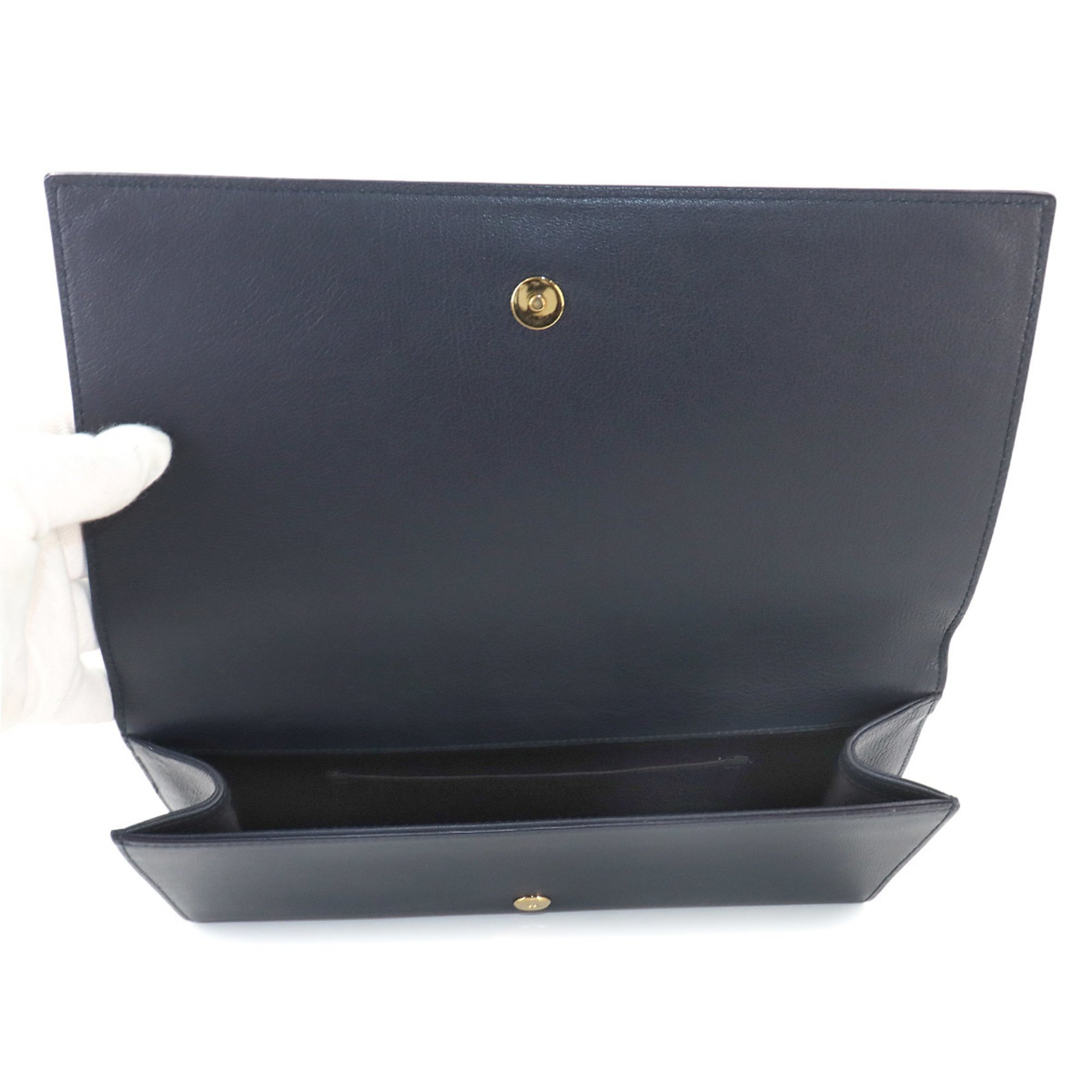 Saint Laurent Clutch Bag Leather Navy 361120 Gold Hardware