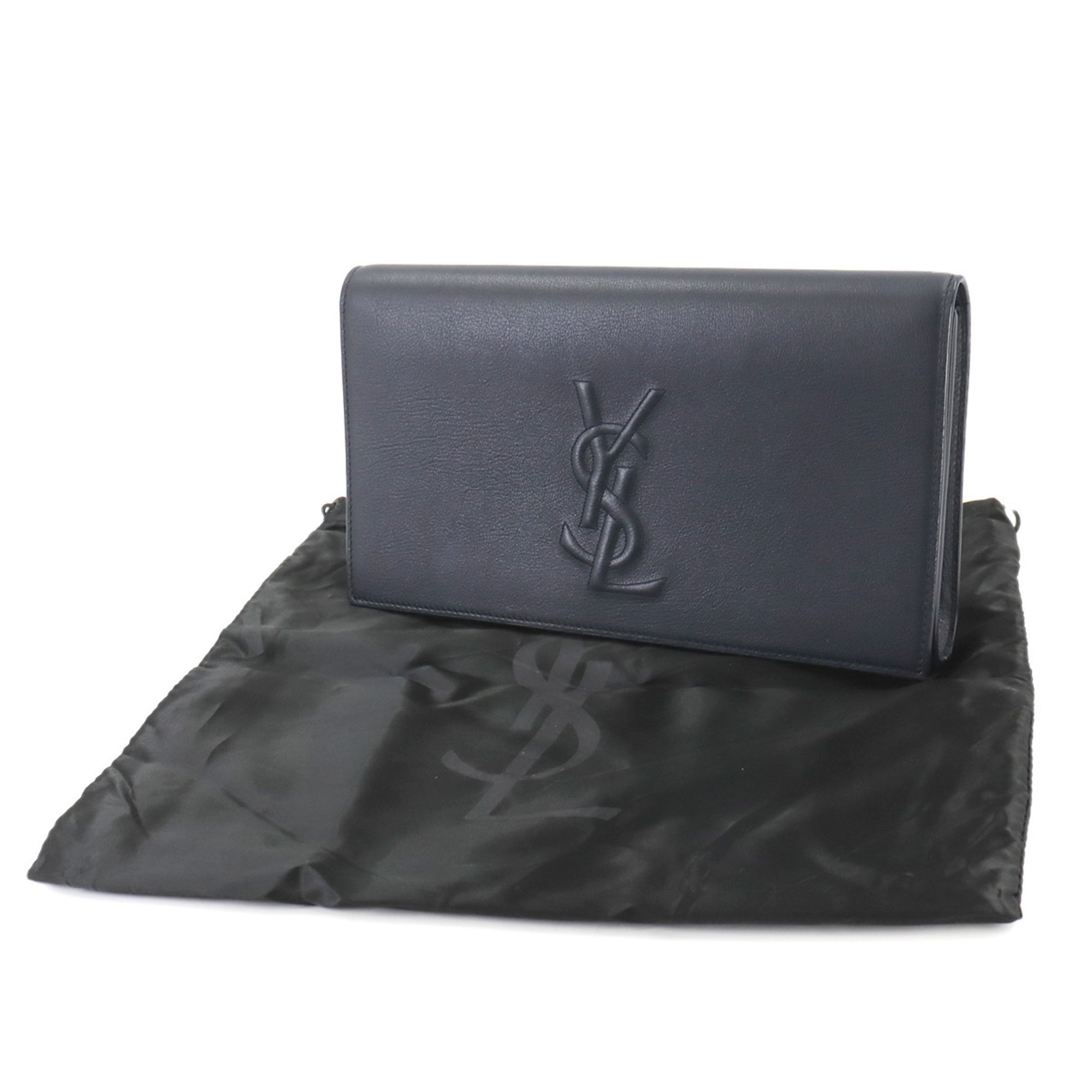 Saint Laurent Clutch Bag Leather Navy 361120 Gold Hardware