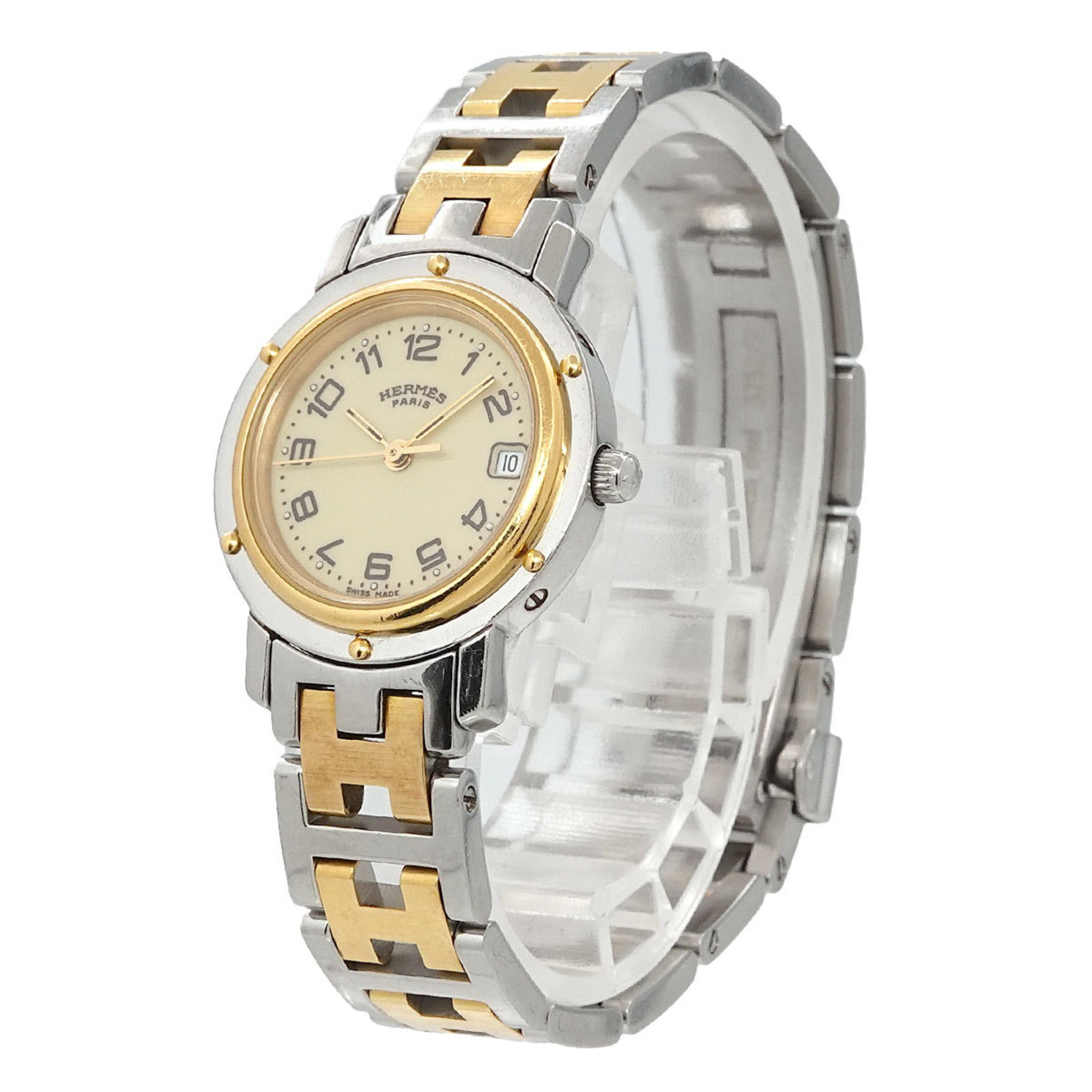 Hermes Clipper Combi CL4 220 Ladies Watch Date Ivory Quartz