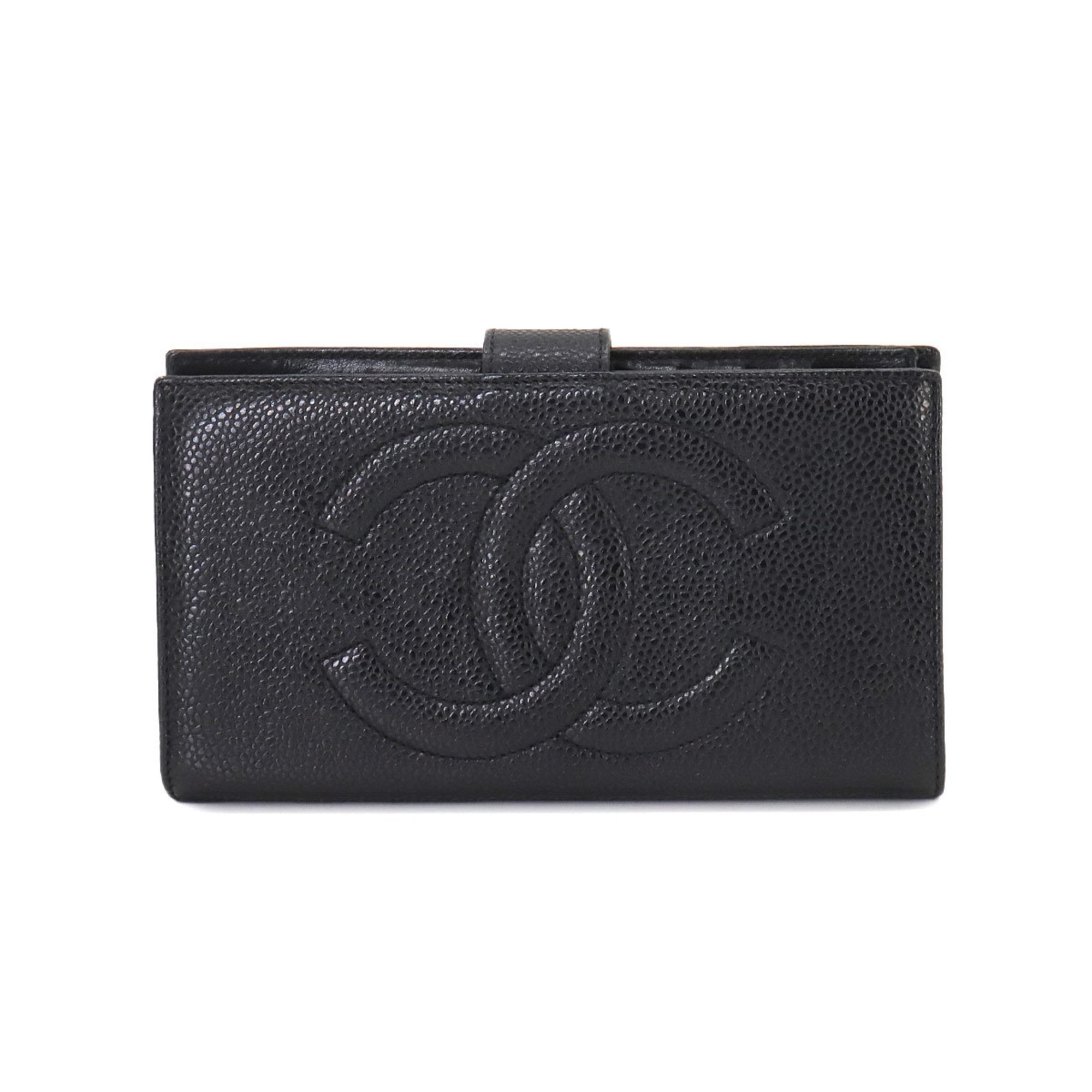 CHANEL Caviar Skin Bi-Fold Long Wallet Leather Black A01429 Coco Mark