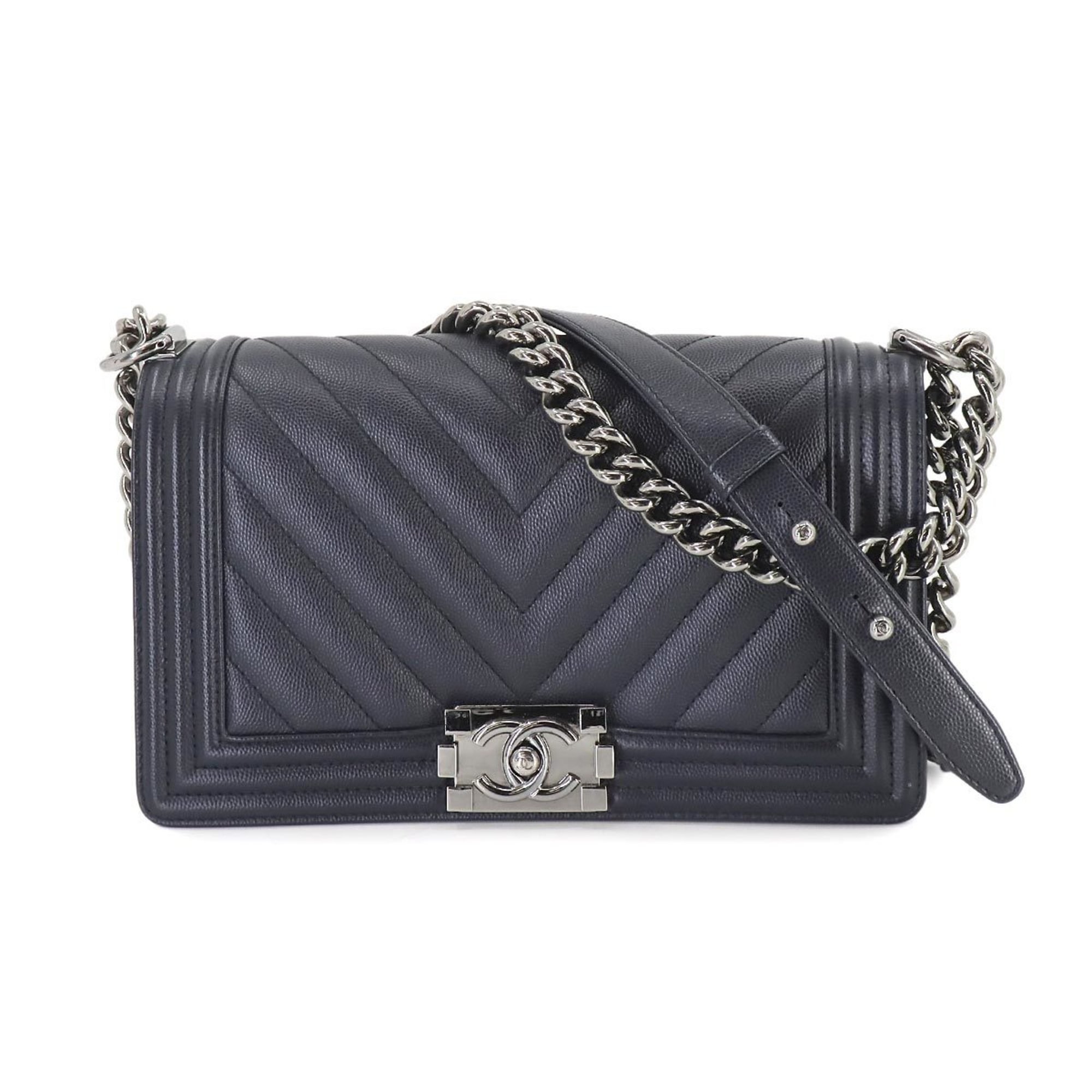 CHANEL Boy Chanel Chain Shoulder Bag Caviar Skin Navy A67086 Silver Metal Fittings Chevron