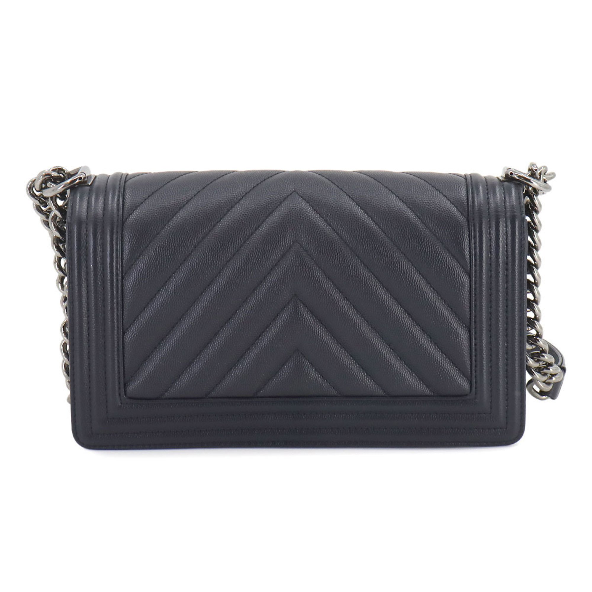 CHANEL Boy Chanel Chain Shoulder Bag Caviar Skin Navy A67086 Silver Metal Fittings Chevron