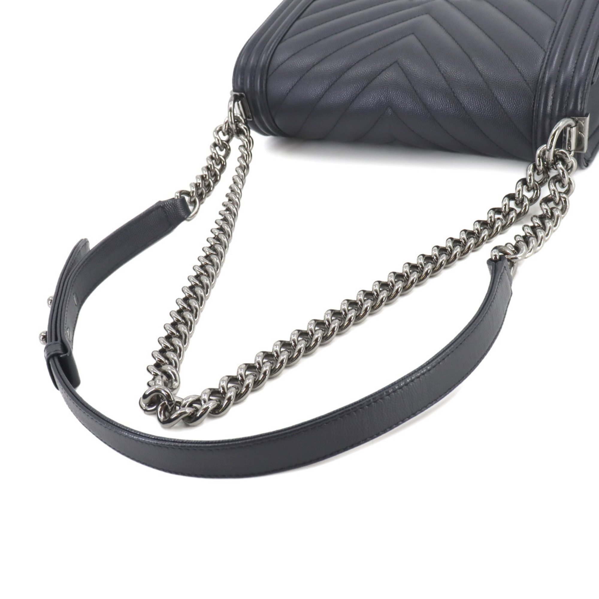 CHANEL Boy Chanel Chain Shoulder Bag Caviar Skin Navy A67086 Silver Metal Fittings Chevron