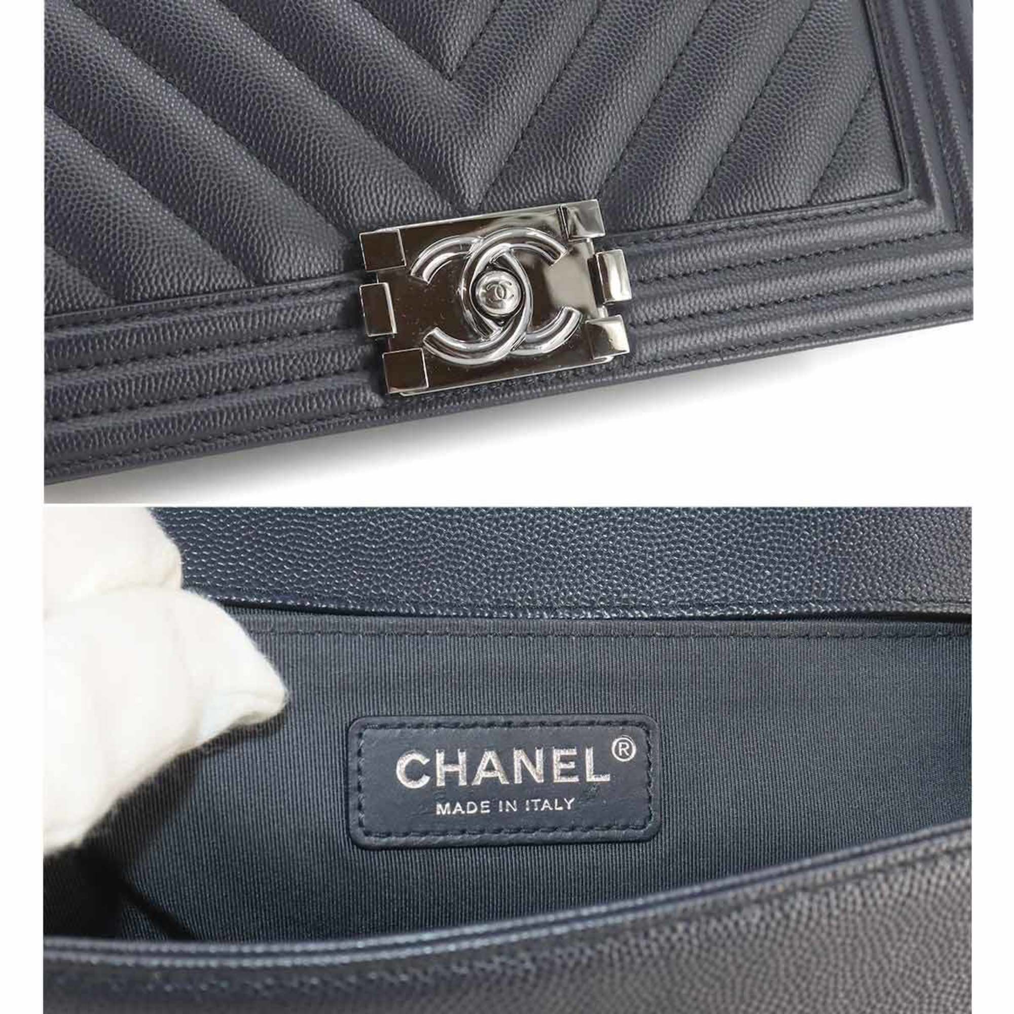 CHANEL Boy Chanel Chain Shoulder Bag Caviar Skin Navy A67086 Silver Metal Fittings Chevron