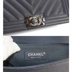 CHANEL Boy Chanel Chain Shoulder Bag Caviar Skin Navy A67086 Silver Metal Fittings Chevron