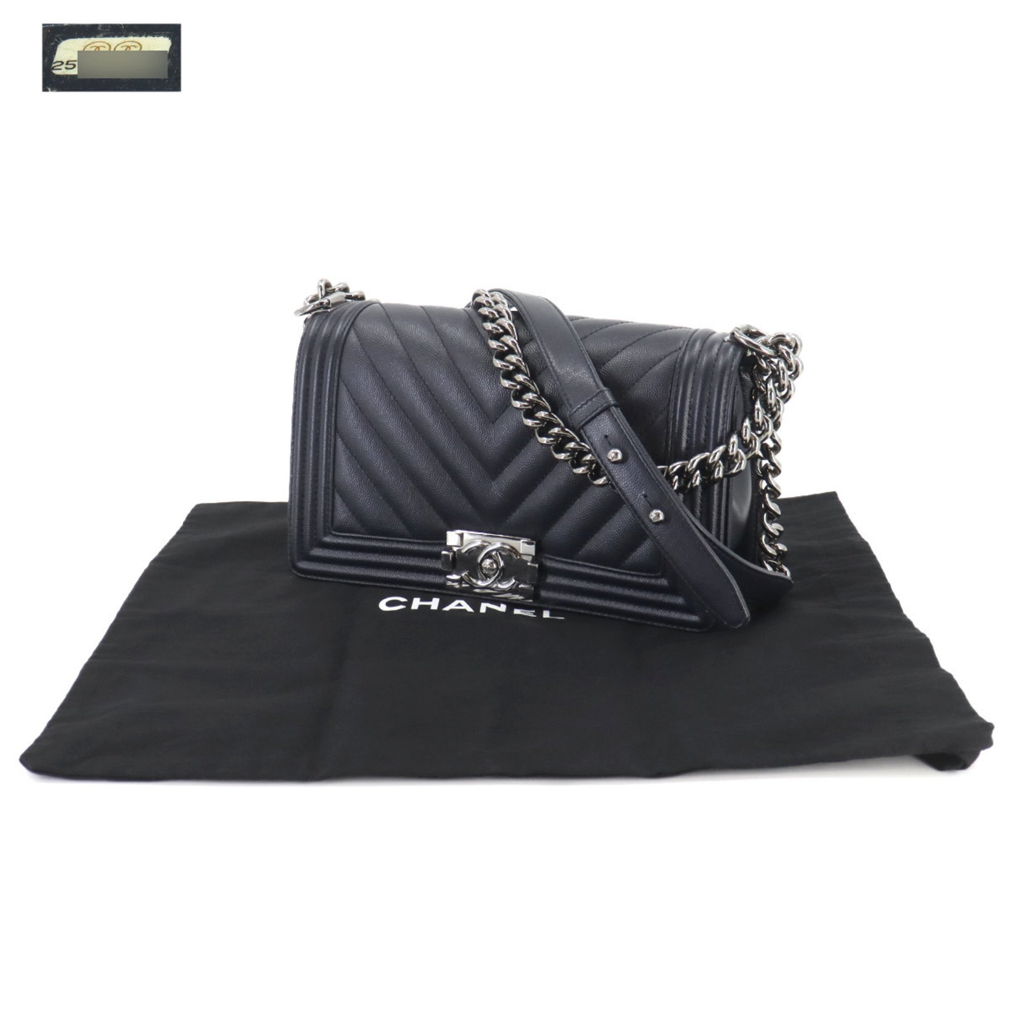 CHANEL Boy Chanel Chain Shoulder Bag Caviar Skin Navy A67086 Silver Metal Fittings Chevron