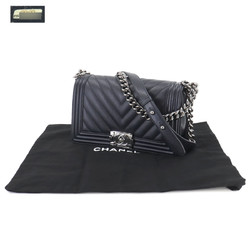 CHANEL Boy Chanel Chain Shoulder Bag Caviar Skin Navy A67086 Silver Metal Fittings Chevron