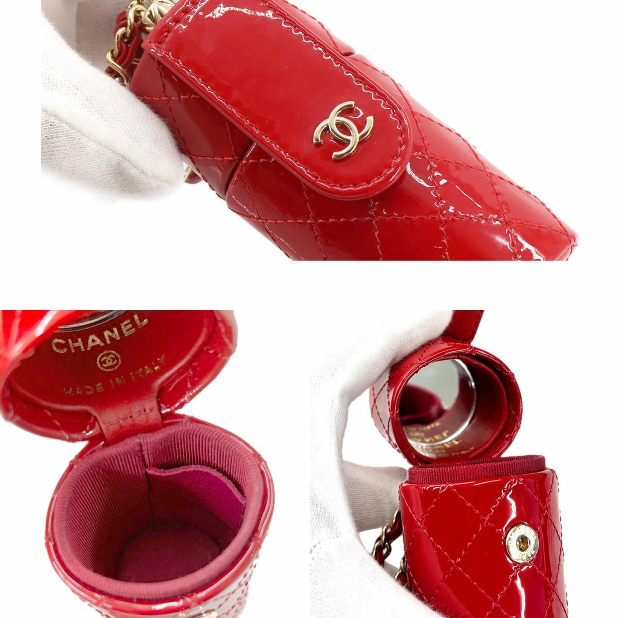 CHANEL Matelasse Chain Shoulder Lip Case Patent Leather Red AP1572 Gold Metal Fittings Rip Holder