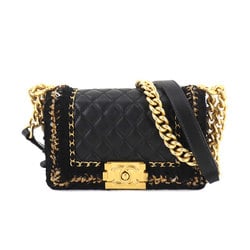 CHANEL Boy Chanel Small Chain Shoulder Bag Leather Tweed Black A67085 Gold Metal Fittings